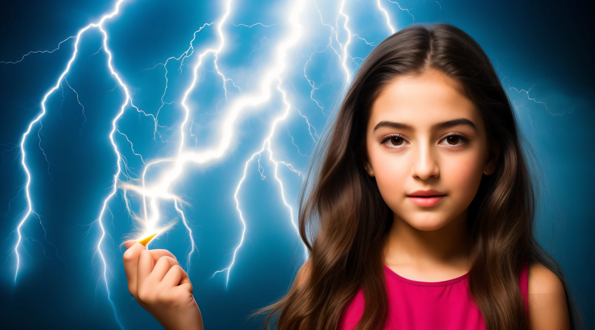 A closeup of a blonde child girl in a dress holding a crayon, little girl with magical powers, she is attracting lightnings, splashes of lightning behind her, Professional studio lighting, lightning fantasy magic, magic lighting overlays, maya ali as a lightning mage, with lightning bolts, with lightning bolts, efeitos de raios, eletrizante, magic and lightning, lightnings