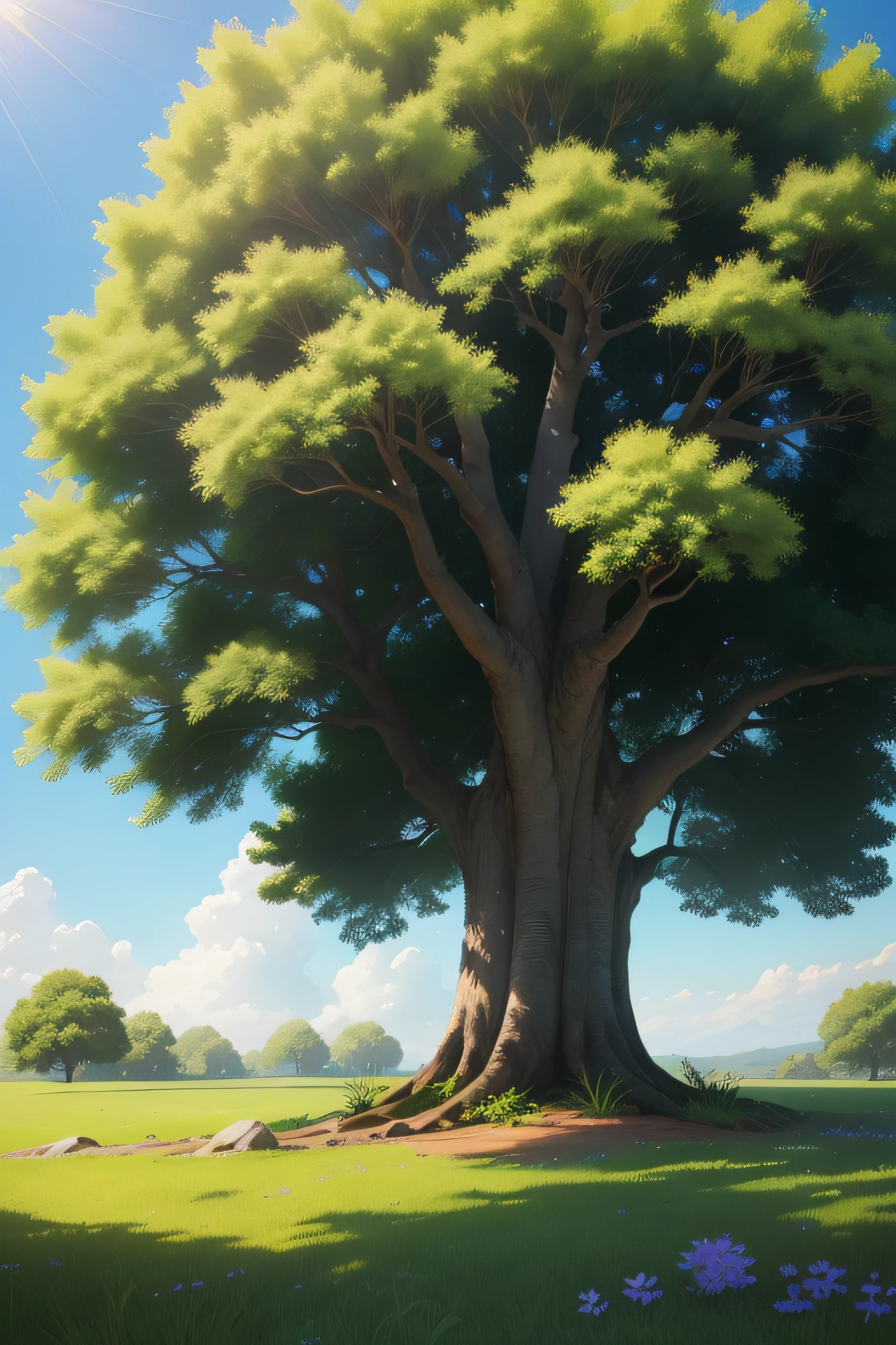 A tree with lush foliage,Warm and healing blue sky,The afternoon sun shines on the ground,There are small flowers and grass next to it for decoration