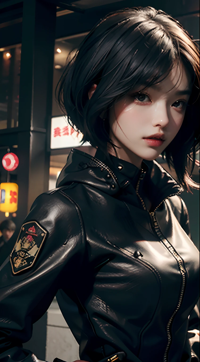 Highest image quality,Outstanding details,超高分辨率,(fidelity:1.4),The best illustration,Favor the details,Highly cohesive 1girl,He has a delicate and beautiful face,Dressed in black mech,Catwoman leather coat,Wearing a Catwoman hood,Hold the direction controller,Ride on a black motorcycle,The background is a high-tech lighting scene in the future city。