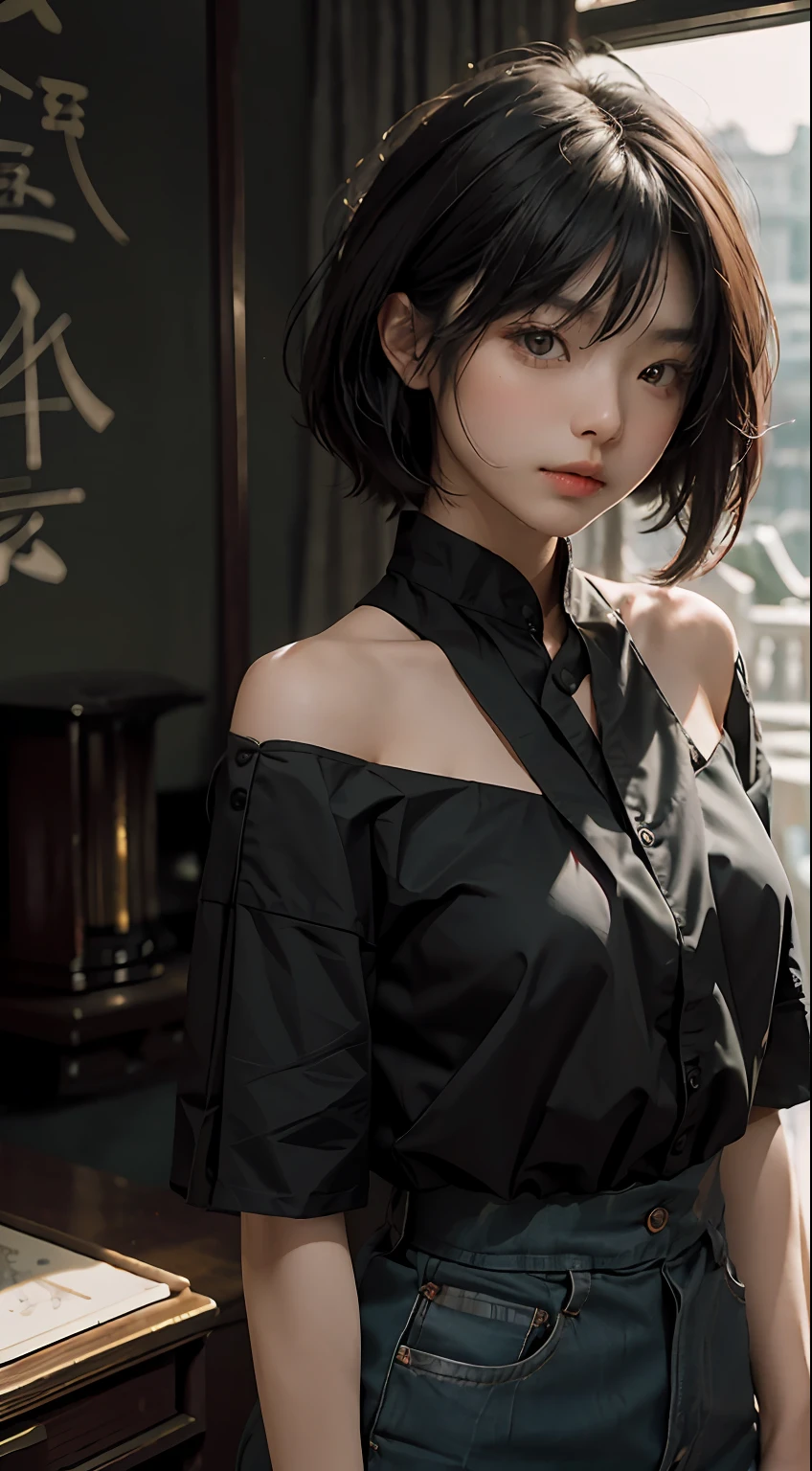 best qualtiy，tmasterpiece，超高分辨率，（fidelity：1.4），RAW photogr，1girl，cropped shoulders，cinmatic lighting，asiagirl，komono，cabelos preto e longos