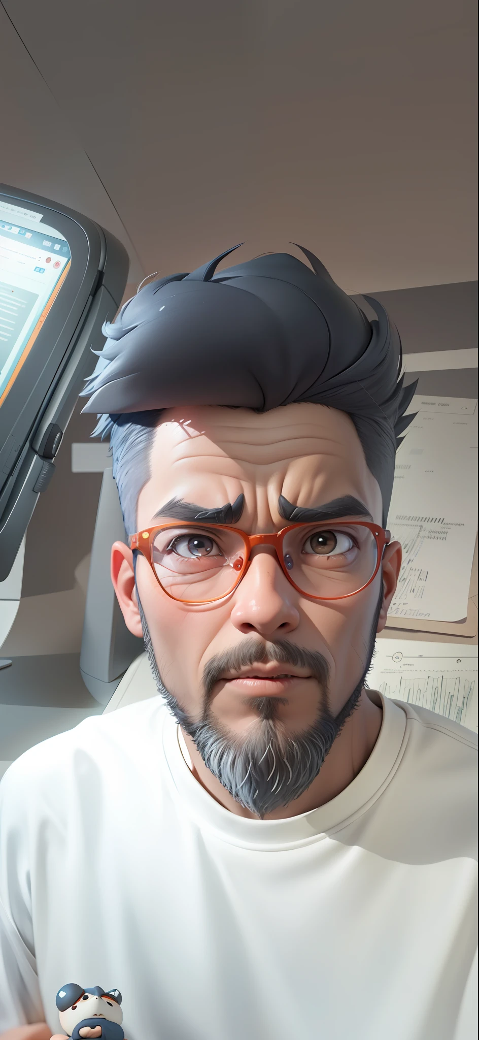 A young man with glasses sits at his desk，holding laptop，digitial painting，3D character design by Mark Clairen and Pixar and Hayao Miyazaki and Akira Toriyama，4K HD illustration，Very detailed facial features and cartoon-style visuals。