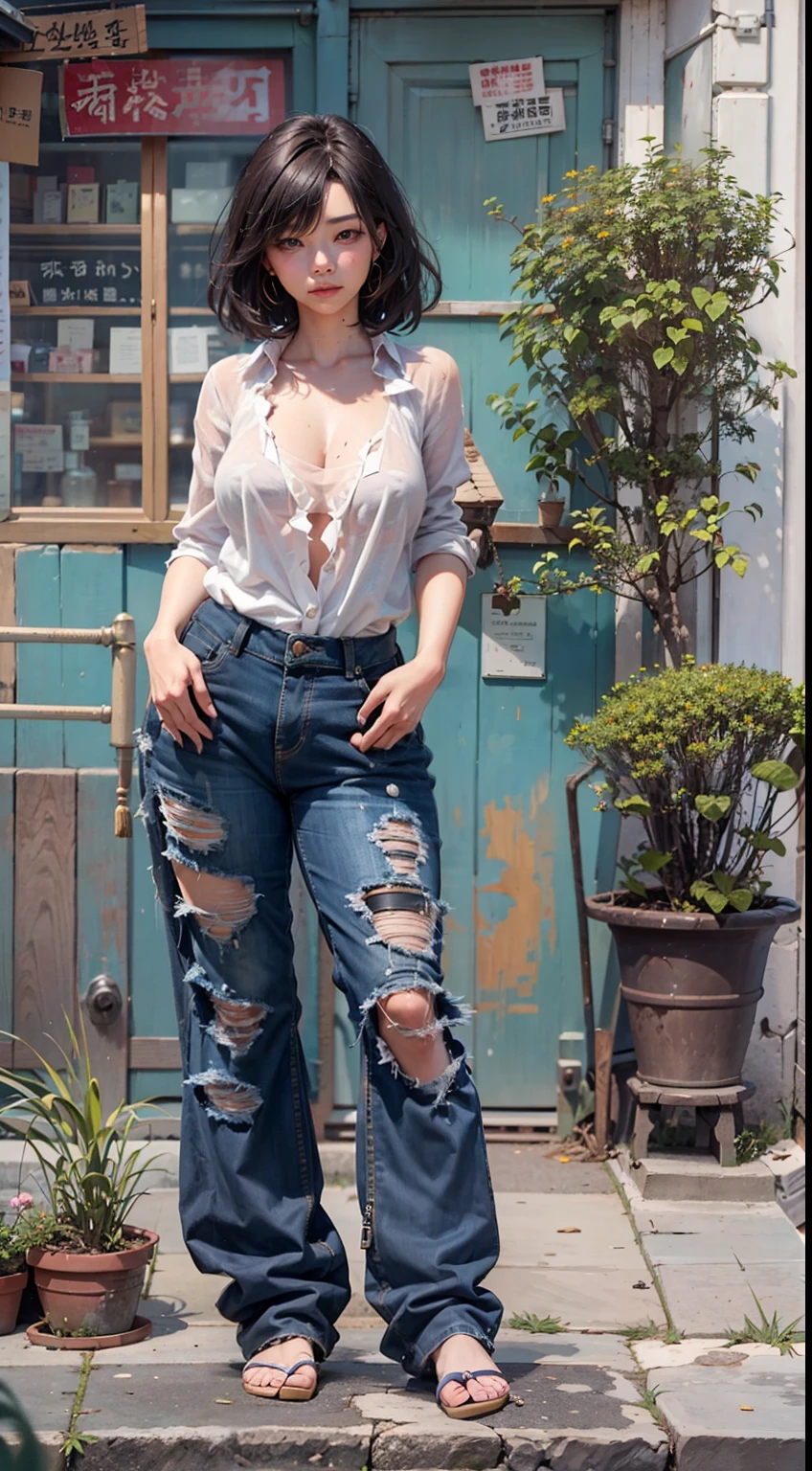 A Japanese woman walking in the city，Buildings，A plant，ssmile，Mixed Korean，The background is blurred out，focal，电影灯光，(((tmasterpiece))), ((best qualtiy)), ((Complex and detailed)), ((ultra-realistic realism)), Ridiculous resolution, A MILF, Mature woman, ssee-through, highly  detailed, illustratio, 1girll, (huge ???), Thin waist and thick ????，long leges，beatiful detailed eyes, short detailed hair, brunette color hair, a purple eye, (Beggars costume:1.2)，Tattered shirt，Torn pants，The barefoot，Scruffy figure，The whole body is dirty，Drenched whole body，torn outfit，Ripped pants，（????????????），pantiess, detailed back ground, perfect  eyes, Seductive eye, looking at viewert, From the front，Wear light，