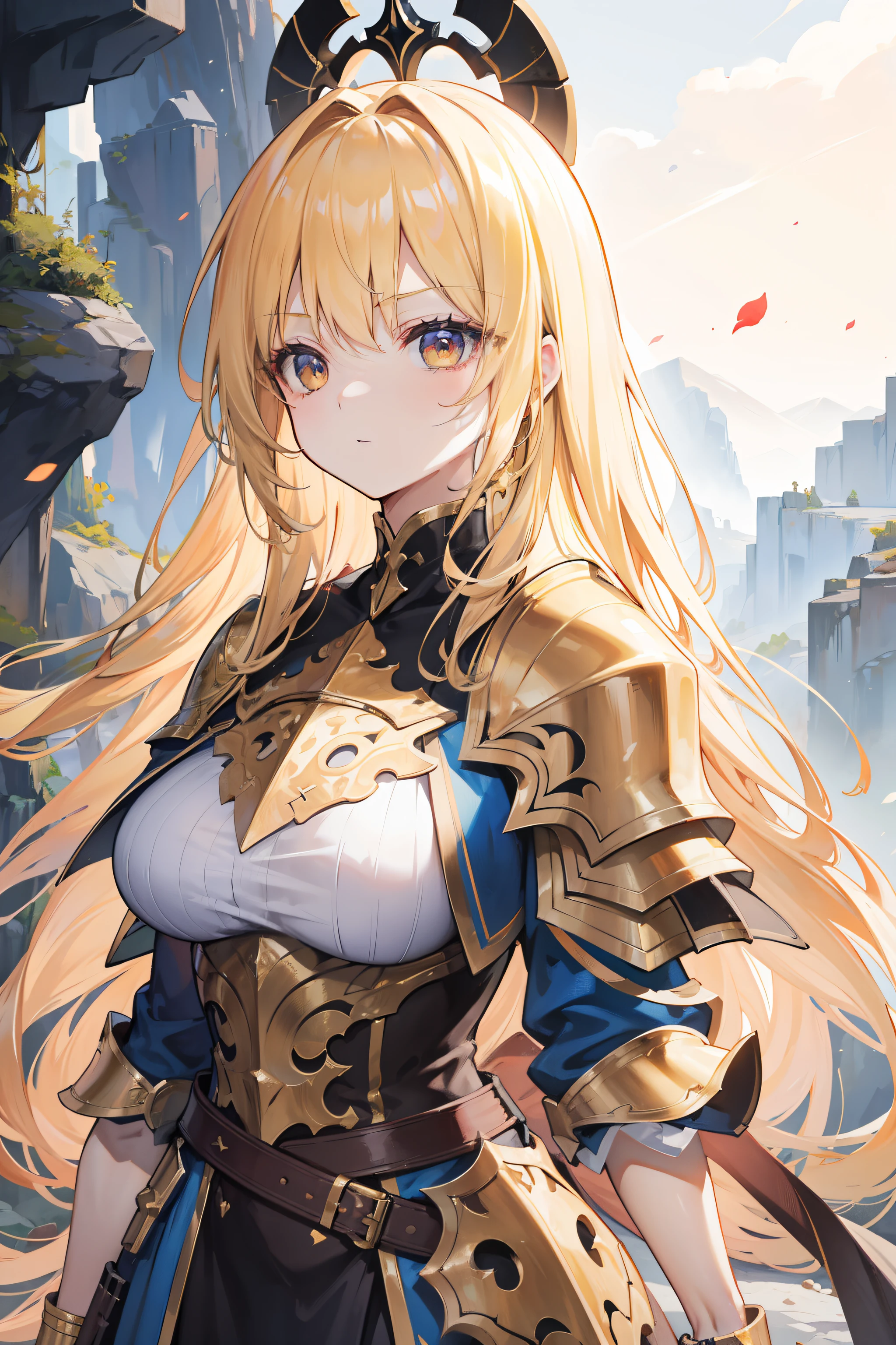 Paladin, Wide shoulders, Toned muscles, Heroic, Wearing heavy and intricate golden armor, The expression is serious, Atonement is being made, Walking on mountain roads, There was a lot of gravel on the road, Carrying a huge cross, The armor is broken, Faraway view, Stay away from the lens, hair messy, There is blood on the hair, whaite hair, Blonde hair, Long hair, pain, turn pale, Expressionless, endured face, in a panoramic view, From the side Side, Masterpiece, Anatomically correct, Super detail, High details, Award-Awarded, Best quality