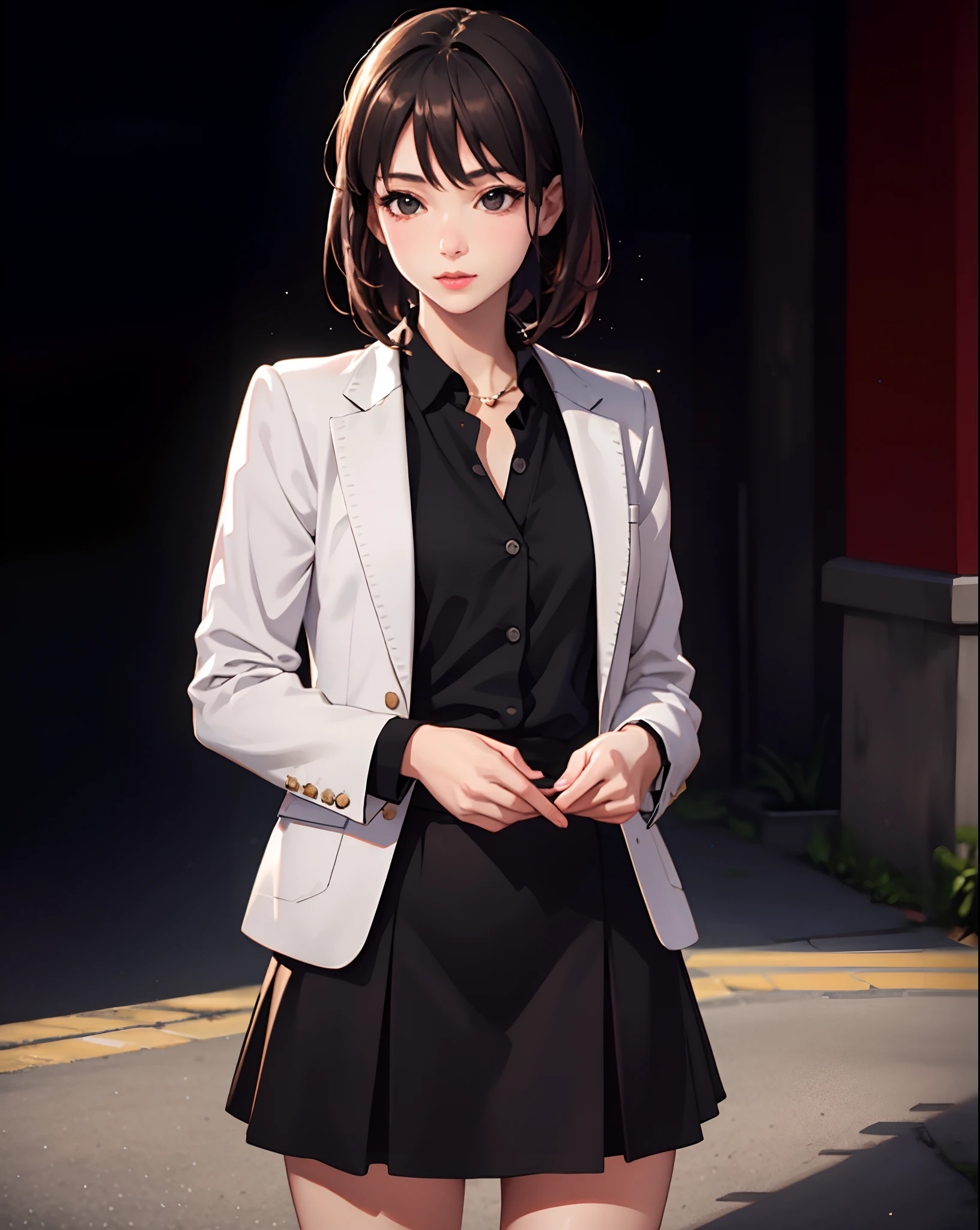 best quality, masterpiece, 1girl, Beautiful face, (photo realistic:1.3), rim lighting, (high detailed skin:1.2), 8k uhd, dslr, high quality, high resolution, 4k, 8k, Bokeh, absurdres, best ratio four finger and one thumb, (realistic:1.3), cute 1girl, wearing black formal blazer, medium breasts, short skirt,