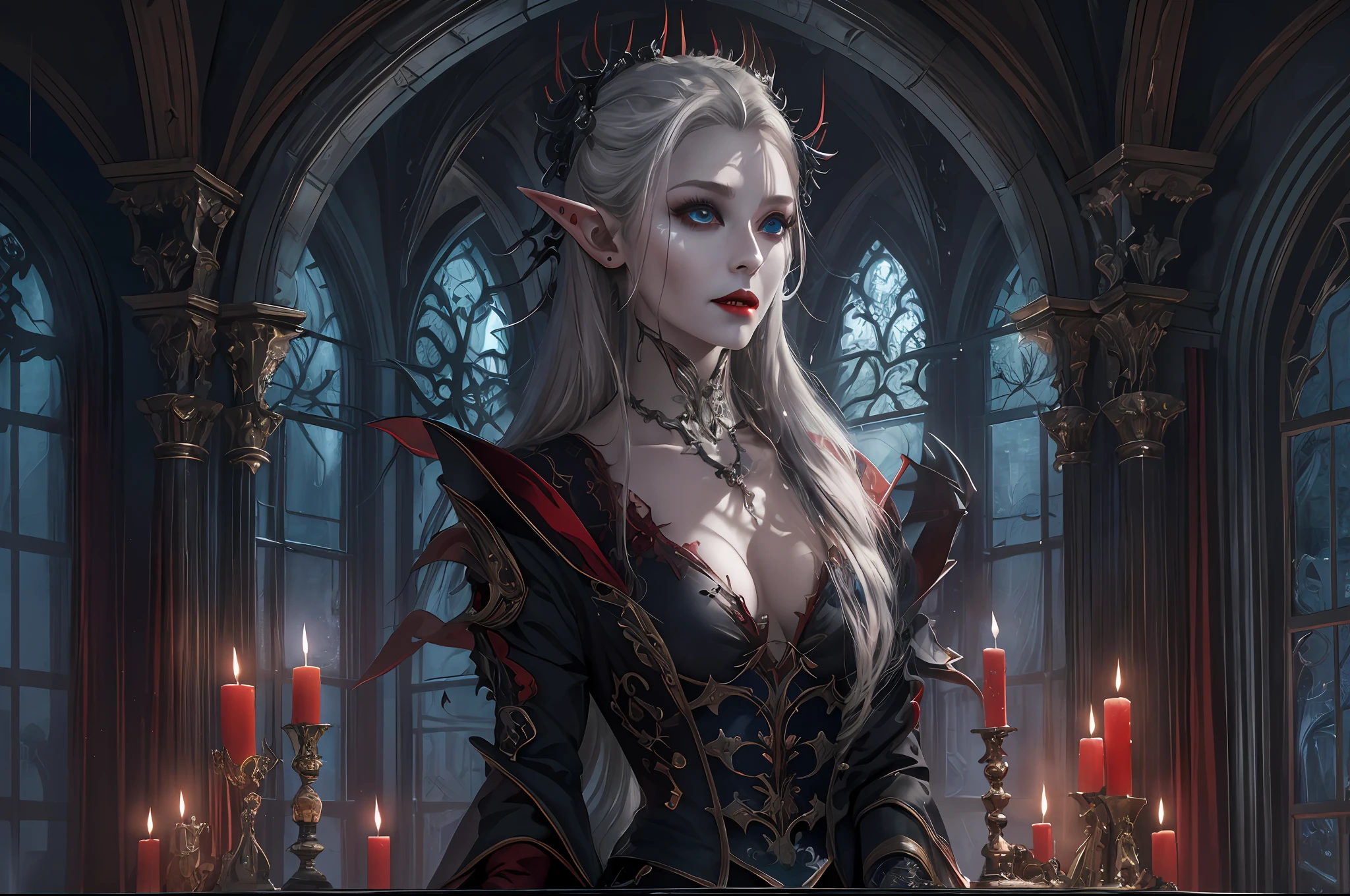 a picture of vampire elf in her castle, an exquisite beautiful female vampire elf in her library,  full body (ultra detailed, Masterpiece, best quality), ultra detailed face (ultra detailed, Masterpiece, best quality), grey skin, blond hair, hair in a ponytail, long hair, blue eyes, cold eyes, glowing eyes, intense eyes,  small pointed ears, smirking, smile with [drops of blood on face] (ultra detailed, Masterpiece, best quality), dark red lips, [vampire fangs], wearing white dress (ultra detailed, Masterpiece, best quality), dark blue cloak, high heeled boots in dark fantasy library, book shelves, high details, best quality, 8k, [ultra detailed], masterpiece, best quality, (ultra detailed), full body, ultra wide shot, photorealism, RAW, dark fantasy art, moon light coming through the window, moon rays, gothic art, sense of dread, sense of seduction