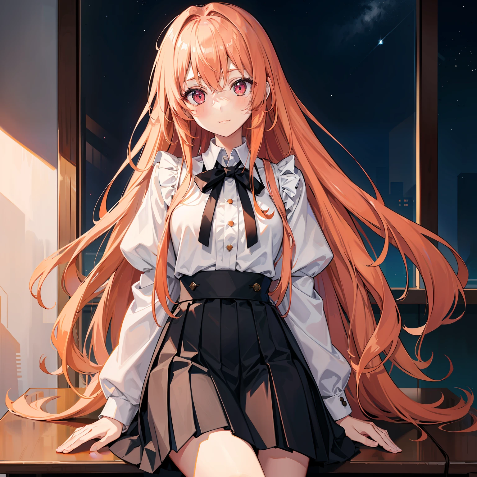 Long light orange hair，Pink eyes，hair adornments，White lining，black cloaths，a black pleated skirt，Amused，Outside the classroom is the starry sky，sitting in classroom