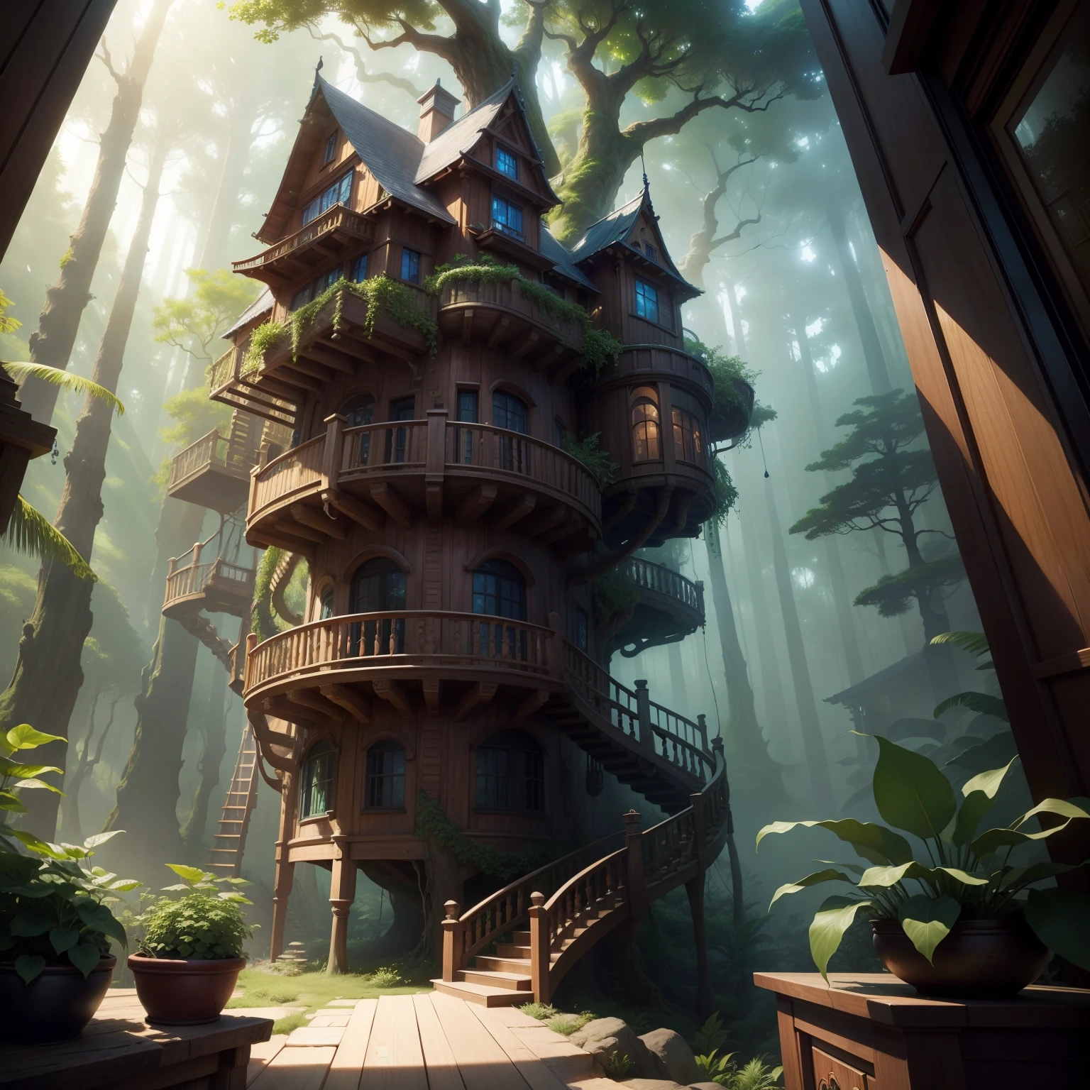 Avatar world,The interior of the luxury treehouse ,there are furniture and electrical appliances in the house ,There's a staircase up the stairs ,Fluffy plants and flowers ,Colored