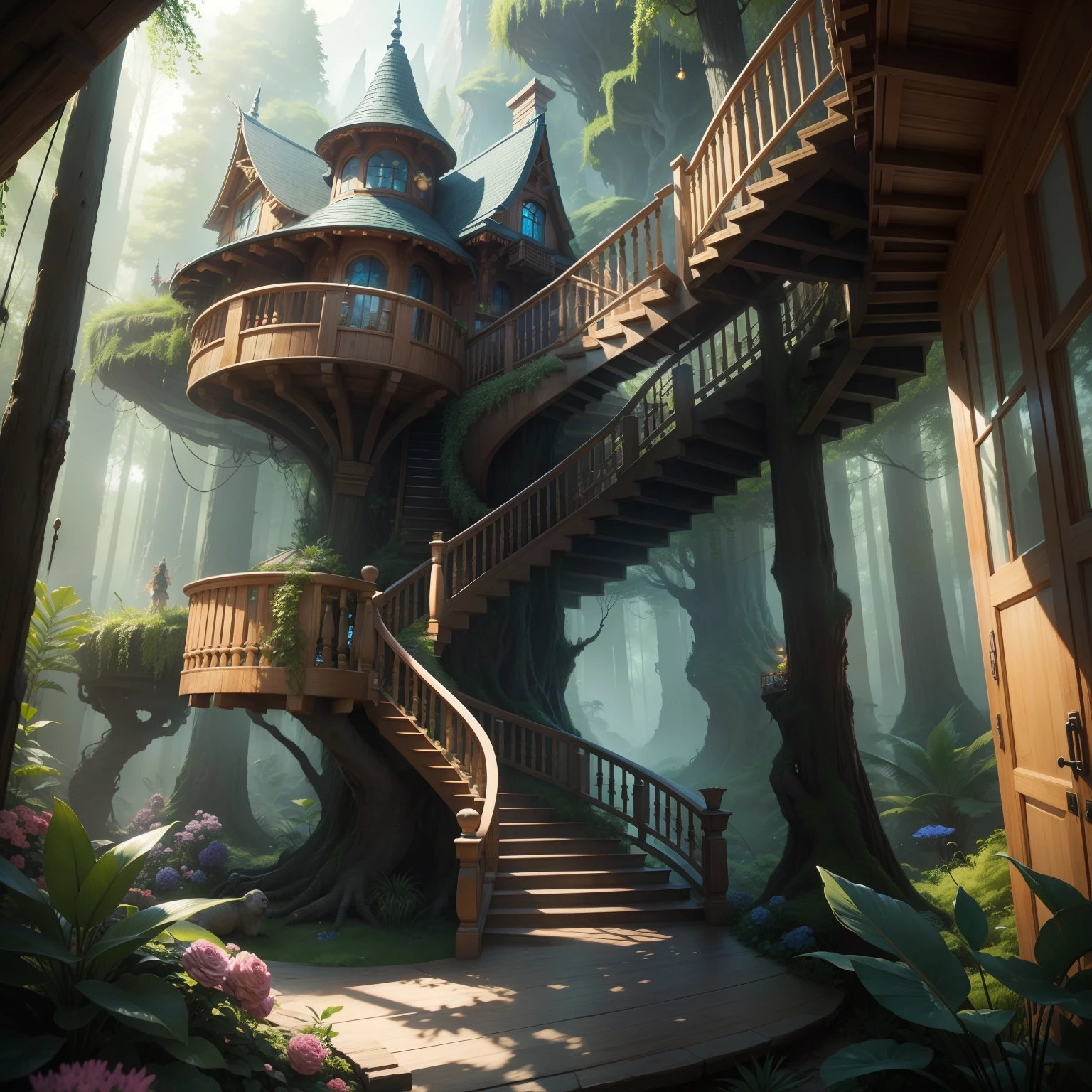 Avatar world,The interior of the luxury treehouse ,there are furniture and electrical appliances in the house ,There's a staircase up the stairs ,Fluffy plants and flowers ,Colored
