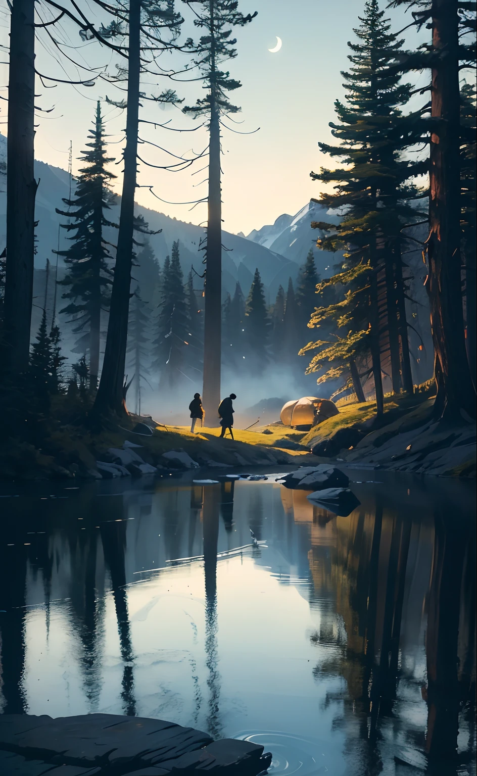 Girls and boys Outdoors, camping, Night, Mountains, Nature, stars, Moon, bonfires, tenten, double-ponytail, Green eyes, cheerful big breasts, cheerfulness, Backpack, sleeping bag, Camping stove, Water bottle, Mountain boots, mitts, Sweater, Hat, Flashlight, forest, Rocks, River, wood, Smoke, Shadows, Contrast, Clear sky, constellation, Milky Way, Peaceful, serene, Quiet, tranquil, Remote, secluded, Adventurous, exploration, escape, independence, Survival, resourcefulness, challenge, perseverance, endurance, endurance, Observation, intuition, Adaptability, creativity, imagination, Artistry, Inspiration, Beauty, in awe, Wonder, Gratitude, Appreciation, unwind, Enjoyment, rejuvenation, Mindfulness, Awareness, Connection, Harmony, balance, Texture, detail, Realism, Depth, Perspective, composition, Color, Light, black shadows, Reflection, refractions, Ton, Contrast, foreground, Middle ground, Background, Naturalistic, Figurative, representational, impressionistic, expressionistic, abstracted, Innovative, Experimental, Unique