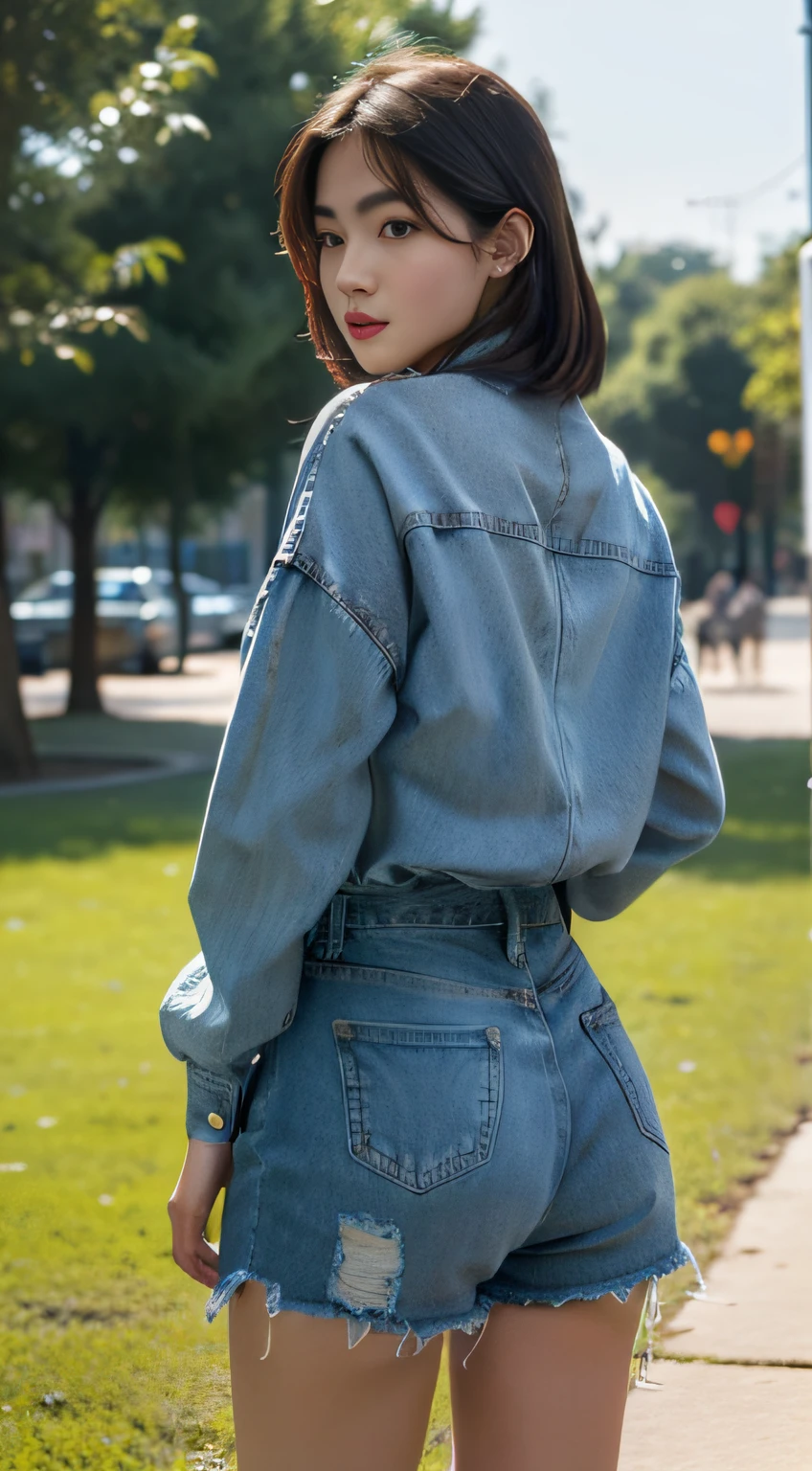 1girll, ass suport, park, Denim shorts,, Masterpiece, Best quality, Highly detailed