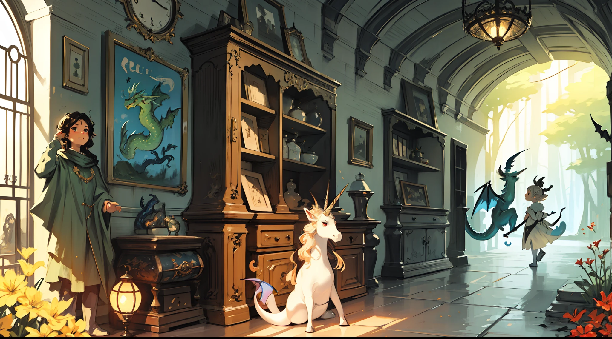 images showing scenes from a magical and enchanted world, com personagens como fadas, elfos, Dragons and Unicorns. The colors are vivid and contrasting, and the effects are bright and bright. The images convey a sense of dreaming, fantasia e aventura. --auto --s2