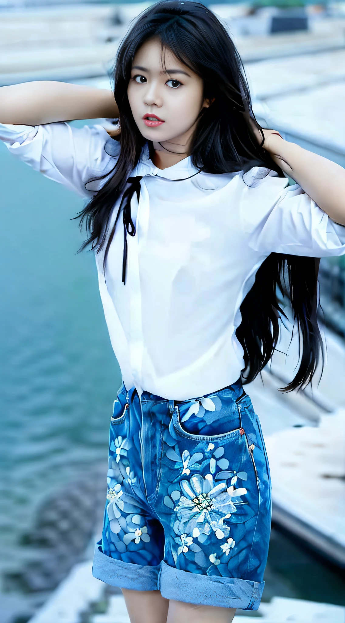 Highest quality, masterpiece, Ultra-high resolution,8K, (Realistic:1.6), (Face-to-face selfie portrait) RAW Photos, 1 Girl,(Full of smiles, Showing teeth)), 22 years old,((Korean Idol Karina Fashion)),((Miniskirt uniform and undershorts)),((Jet black long hair chignon)),((Hair blowing in the wind)),((Looking up at the audience)),Face Focus:1.4,((Shooting with a telephoto lens:1.4)),((Background of airplane trails shining against the blue sky)),