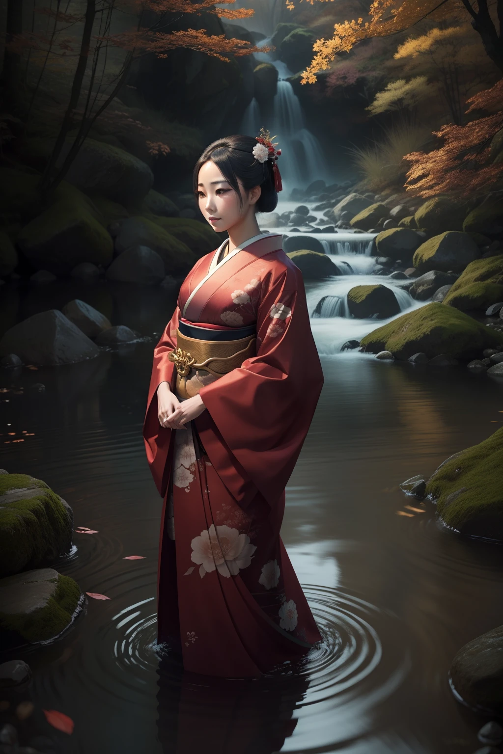 beautiful geisha standing in the creek near mountains, in the style of japanese-inspired imagery, haunting elegance, photorealistic rendering, dramatic use of lighting, serene faces, flowing fabrics, uhd image