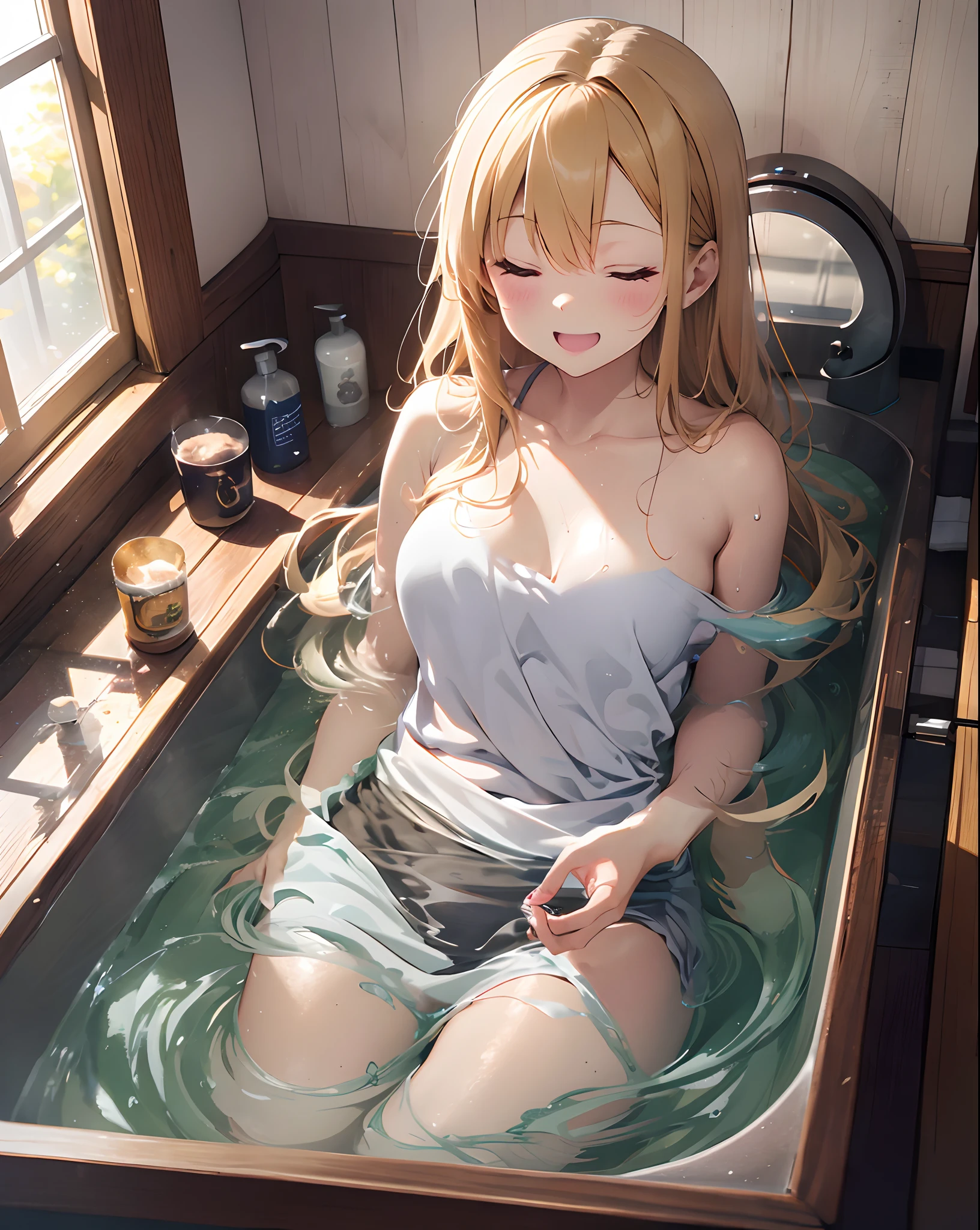  blonde hair, blue eyes, long hair,  bath　、small、chest 6