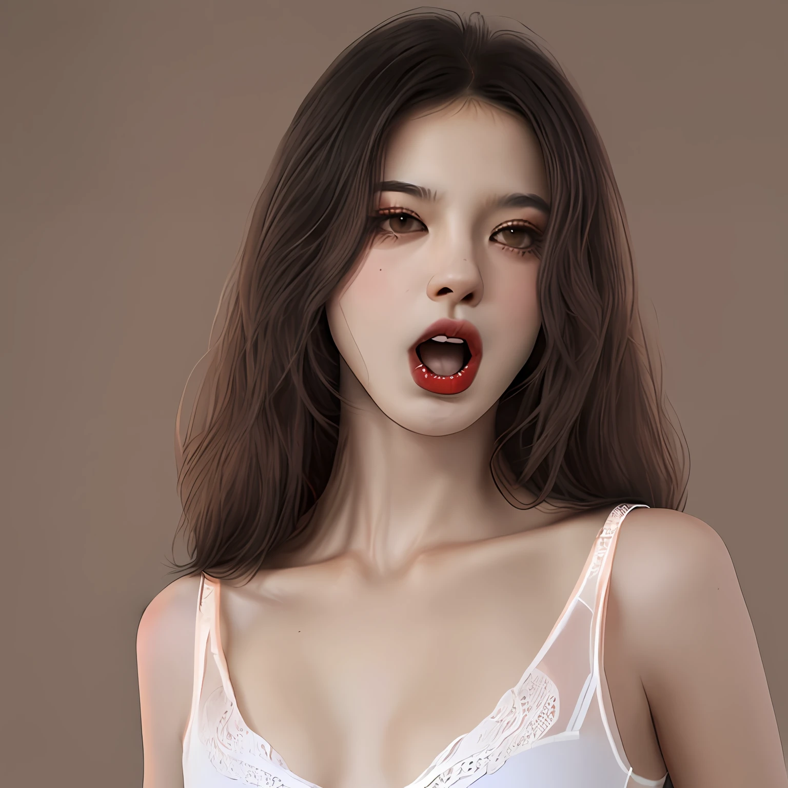 a pregirl,Black hair,White-colored skin,Wear underwear,Be red in the face,Stick out your tongue