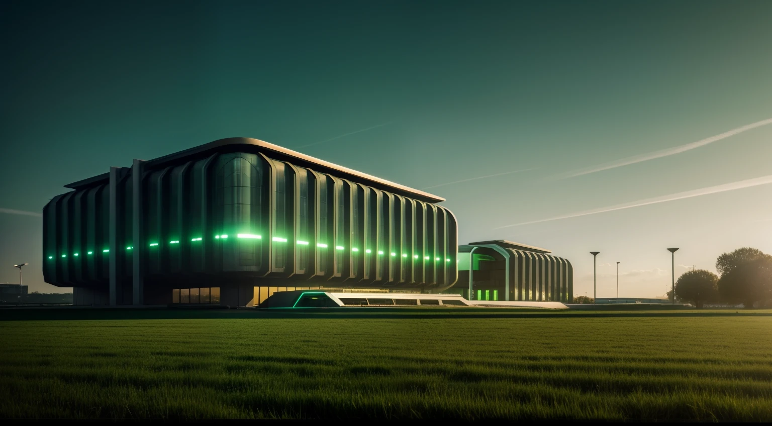 cinematic scene green futuristic building in the middle of the field, green glow, architecture brutalism, 8K, sharpness