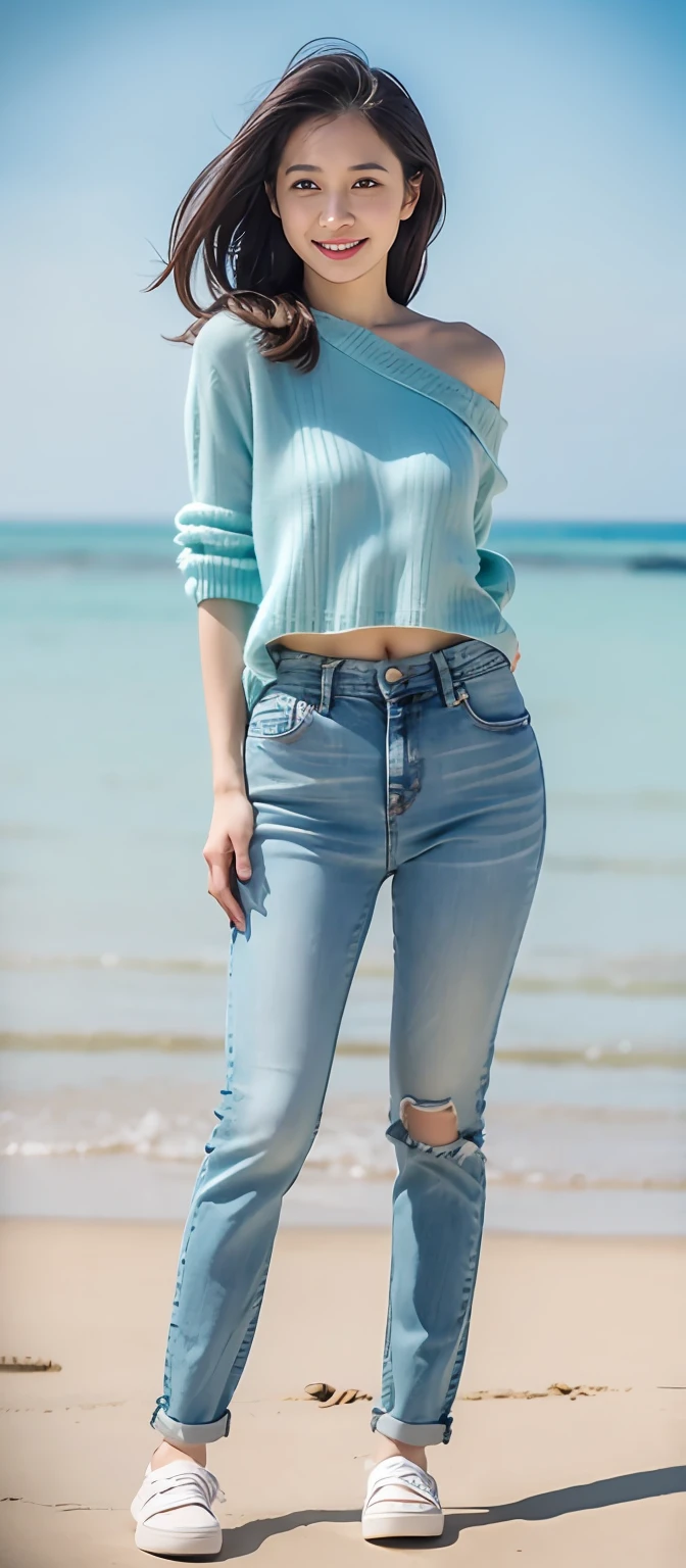 Woman in jeans on the beach,Dancing sexy,Full body shooting:1.8(RAW photogr,超高分辨率,tmasterpiece,best qualtiy:1.4),Complicated details, 20 year old Asian girl,Wear a skinny sweater and stylish jeans,Super realistic detailed costume details:1.2,Detailed beach,A sweet smile appeared on the little face,The face is white and tender,skin lightening,Ultra-realistic facial details,Beautiful accessories,Playful and coquettish pose,The calves are straight and slender:1.5,Wear high-end branded travel shoes:1.5,eventide,warm color,Broad lighting,naturalshadow,taking a full body photo:1.8