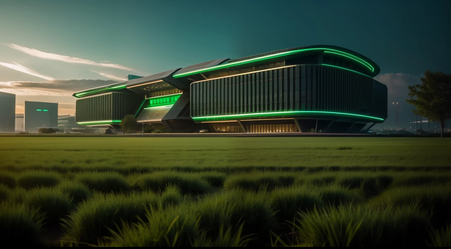 cinematic scene green futuristic building in the middle of the field, green glow, architecture brutalism, 8K, sharpness