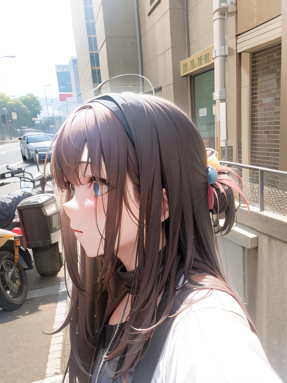 There was a woman with a donut on her head standing in front of a building, zmonzheng, xintong chen, ulzzangs, Wears a pink headband, shairband, wenfei ye, wearing angel halo, chiho, shaxi, Guviz, wearing angel halo covered face, xision wu, chengyou liu