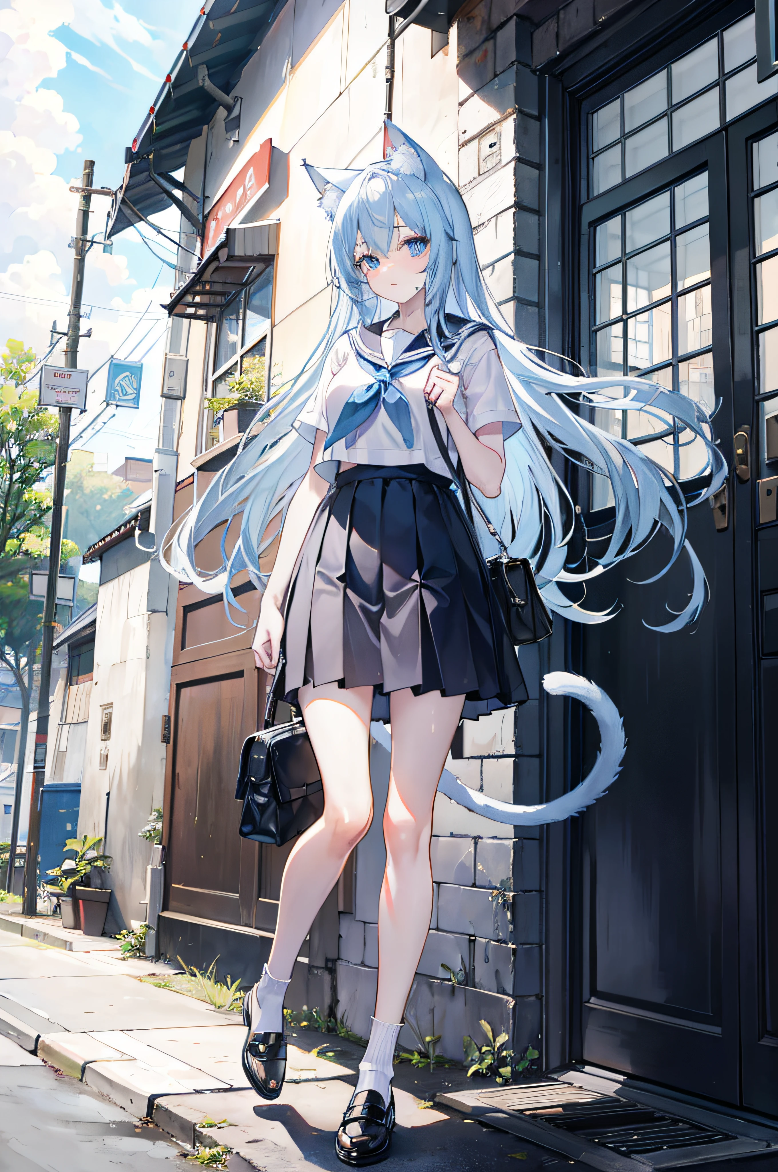 masutepiece,Best quality,ultra - detailed,Two hands,Two legs,Five fingers,best faces,1 girl,light blue long hair,timid,Cat ears,pale blue color eyes, Height 145 cm,small tits,Cat tail,Baby face,timid,a sailor suit,White T-Shirts,a black skirt,White socks,Holding a bag in his hand,Clothes wet with sweat,exhausted face,school,walking down a road,heat haze