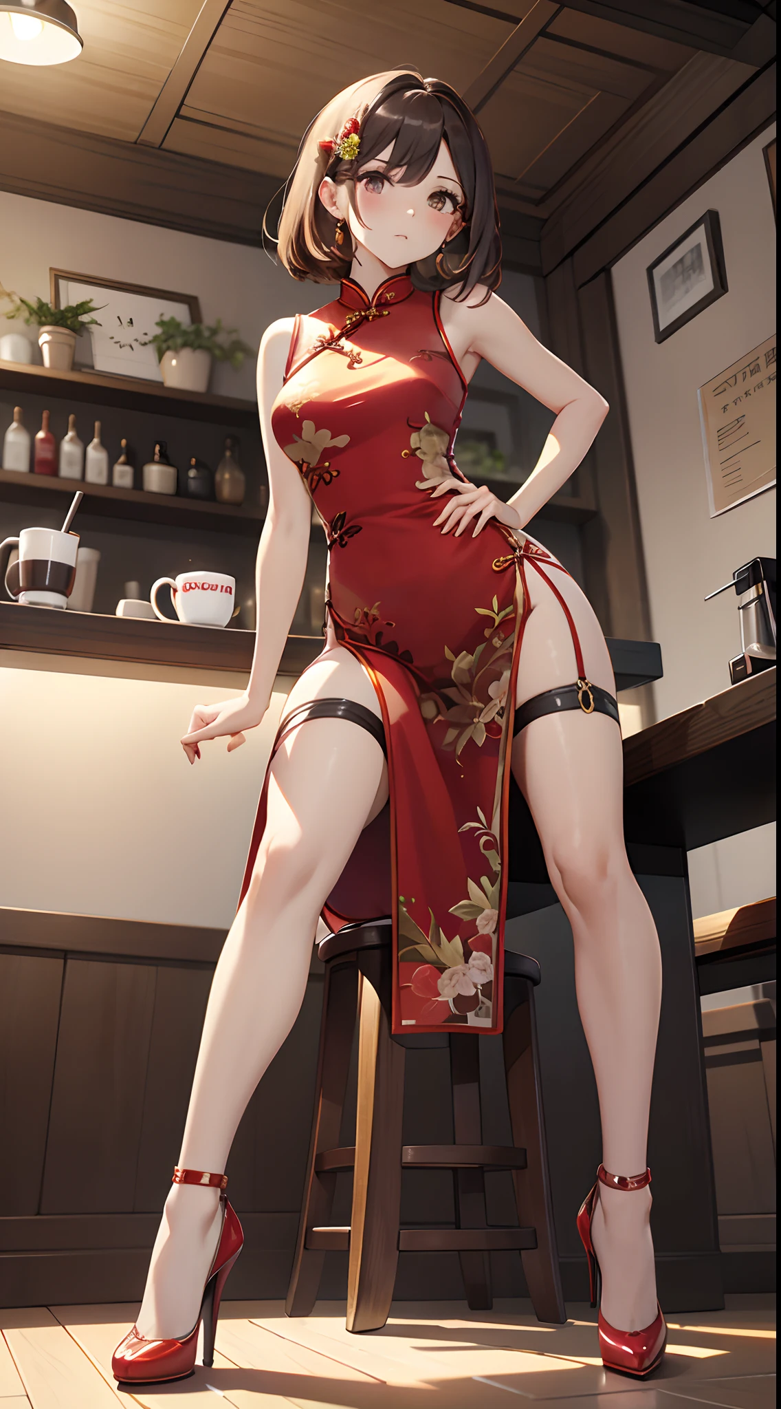 best qualtiy,tmasterpiece,Ultimate Resolution,Brown-haired semi-long、downy,highly colorful,looking at the viewers, red blush, Cheongsam beauty,A MILF,((Sleeveless Red Micro Mini Cheongsam、Slit at waist)),White shorts、Kneeling Pose,Collar,anklets,((high-heels)),high-heels,Correct posture、Inside the coffee shop、Sit on a chair and have a drink、