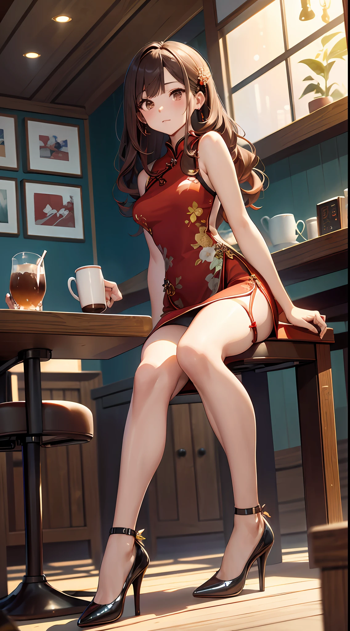 best qualtiy,tmasterpiece,Ultimate Resolution,Brown-haired semi-long、downy,highly colorful,looking at the viewers, red blush, Cheongsam beauty,A MILF,((Sleeveless Red Micro Mini Cheongsam、Slit at waist)),White shorts、Kneeling Pose,Collar,anklets,((high-heels)),high-heels,Correct posture、Inside the coffee shop、Sit on a chair and have a drink、