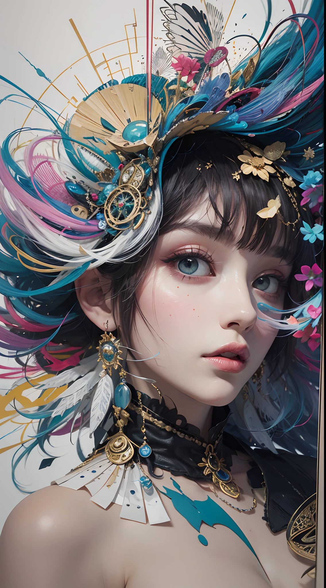 official art, unity 8k wallpaper, ultra detailed, beautiful and aesthetic, beautiful, masterpiece, best quality, (zentangle, mandala, tangle, entangle), dynamic angle, cowboyshot, the most beautiful form of chaos, elegant, a brutalist designed, vivid colours, romanticism, by james jean, roby dwi antono, ross tran, francis bacon, michal mraz, adrian ghenie, petra cortright, gerhard richter, takato yamamoto, ashley wood, atmospheric, enjoying a stream of music, where you can visualize the notes, ecstasy of musical notes, streaming musical notes visible, naked, no clothes