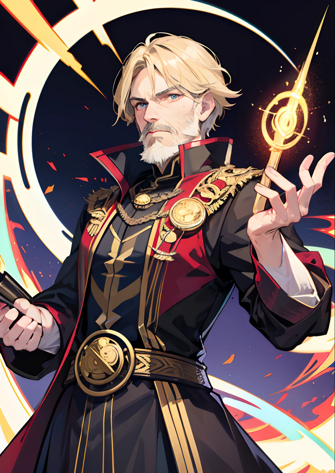 Old Bearded Male sorcerer, short blonde hair, wearing doctor strange costume, holding a cane