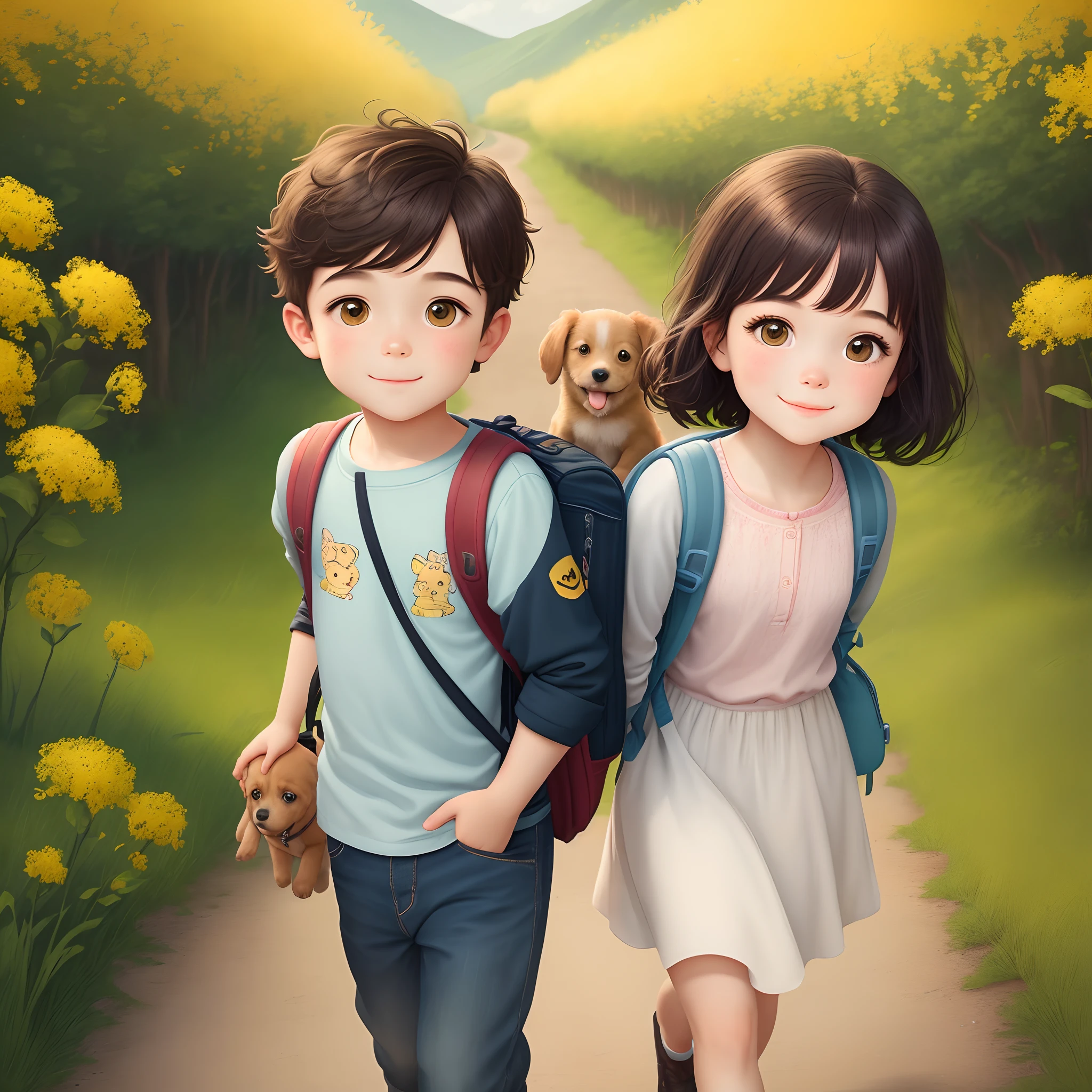 An incredibly charming boy carrying a backpack, accompanied by her adorable puppy, enjoying a lovely spring outing surrounded by beautiful yellow flowers and natural scenery. The illustration is in high definition at 4k resolution, with highly-detailed facial features and cartoon-style visuals.