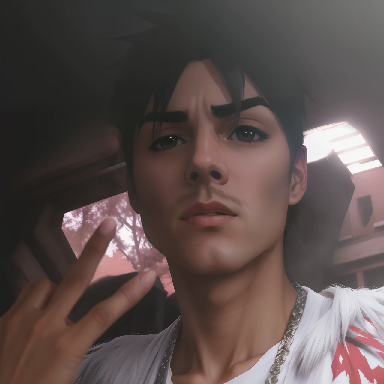 Turn a real-life photograph into a stunning work of art in the animation style of 'Attack on Titan'. Apply the iconic white-haired, red-eyed look that characterizes this style.