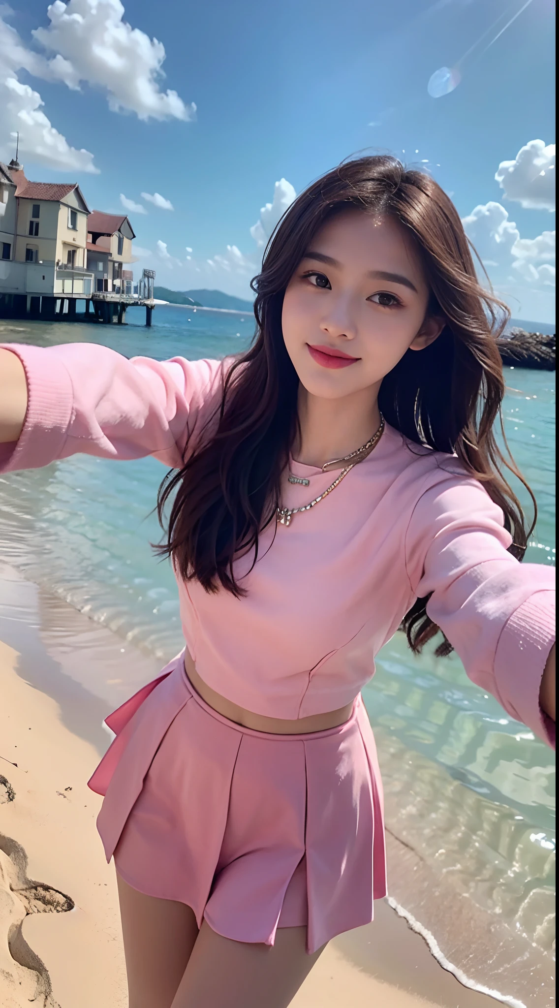 Selfie pose，hentail realism,Beautiful cute girl of 15 years old, tmasterpiece, Best quality at best，Crystal necklace， A delicate and beautiful girl，He has big eyes of God，Long eyelashes，beautiful pupil，The eyes are sweet and there are lying silkworms，A sweet smile，Hydrated red lips，lipsticks，Blushlush，Fair face，（face fill light），afloat，The endless sea，small boats，eye glass，Lunette de soleil，Sexy girl nipple，S-shaped body，smooth, Wavy hair，With a petite figure，（Pink crewneck dress），short  skirt，are standing，dynamic angle，with blue sky and white clouds，Deleite para la vista，Face value，（Do not show your hands）