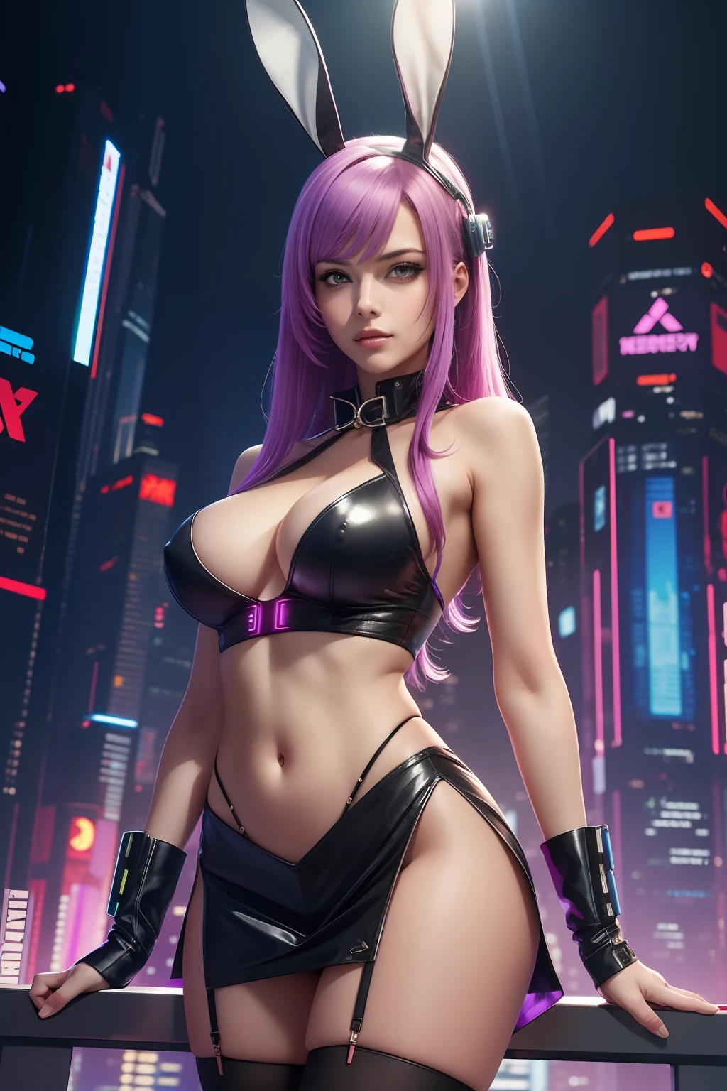 masterpiece, best quality, highres, nm1, cyberpunk playboy bunny, short skirt, rabbit ears, cowboy shot, standing