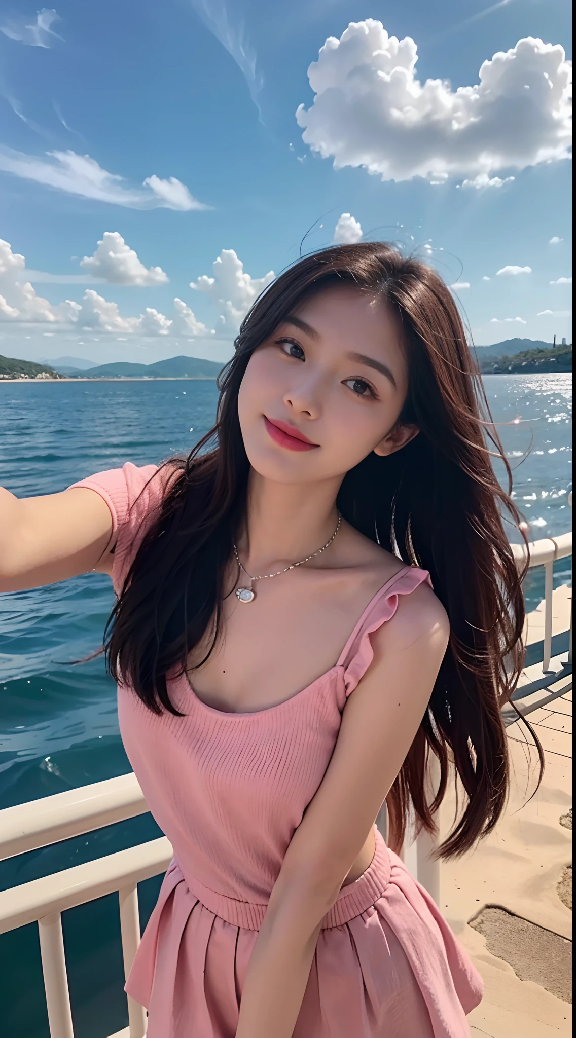 Selfie pose,hentail realism,Beautiful cute girl of 15 years old, tmasterpiece, Best quality at best,Crystal necklace, A delicate and beautiful girl,He has big eyes of God,Long eyelashes,beautiful pupil,The eyes are sweet and there are lying silkworms,A sweet smile,Hydrated red lips,lipsticks,Blushlush,Fair face,(face fill light),afloat,The endless sea,small boats,eye glass,Lunette de soleil,Sexy girl nipple,S-shaped body,smooth, Wavy hair,With a petite figure,(Pink crewneck dress),short skirt,are standing,dynamic angle,with blue sky and white clouds,Deleite para la vista,Face value,(Do not show your hands)