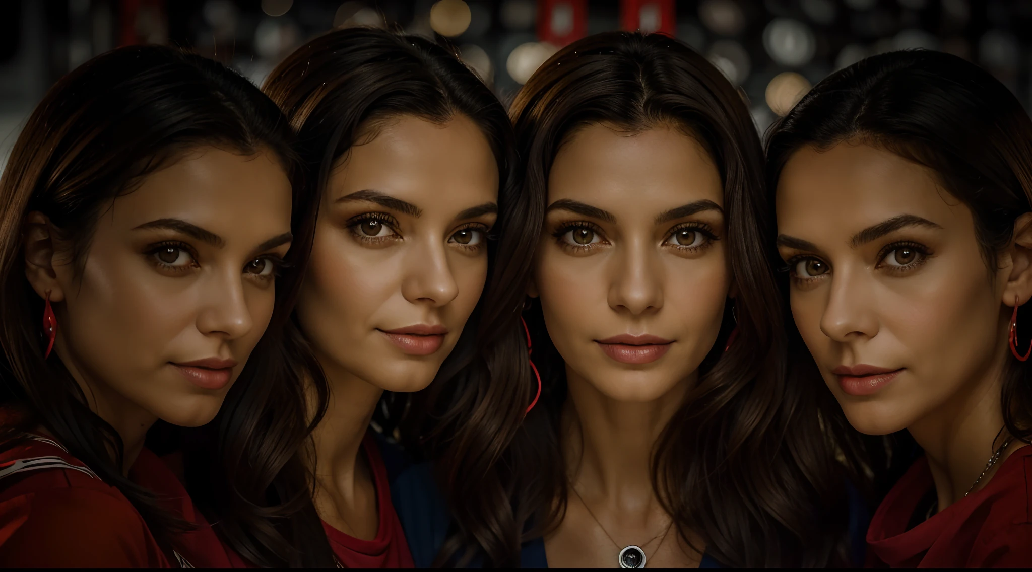 Um meio corpo, Portrait of 3 German women long dark hair of 25 years, olhos vermelhos, jaquetas couro vermelhas, fundo de correntes, corrente, mais correntes , muitas correntes, , vermelhas, fogo vermelho, muitas chamas de fundo.