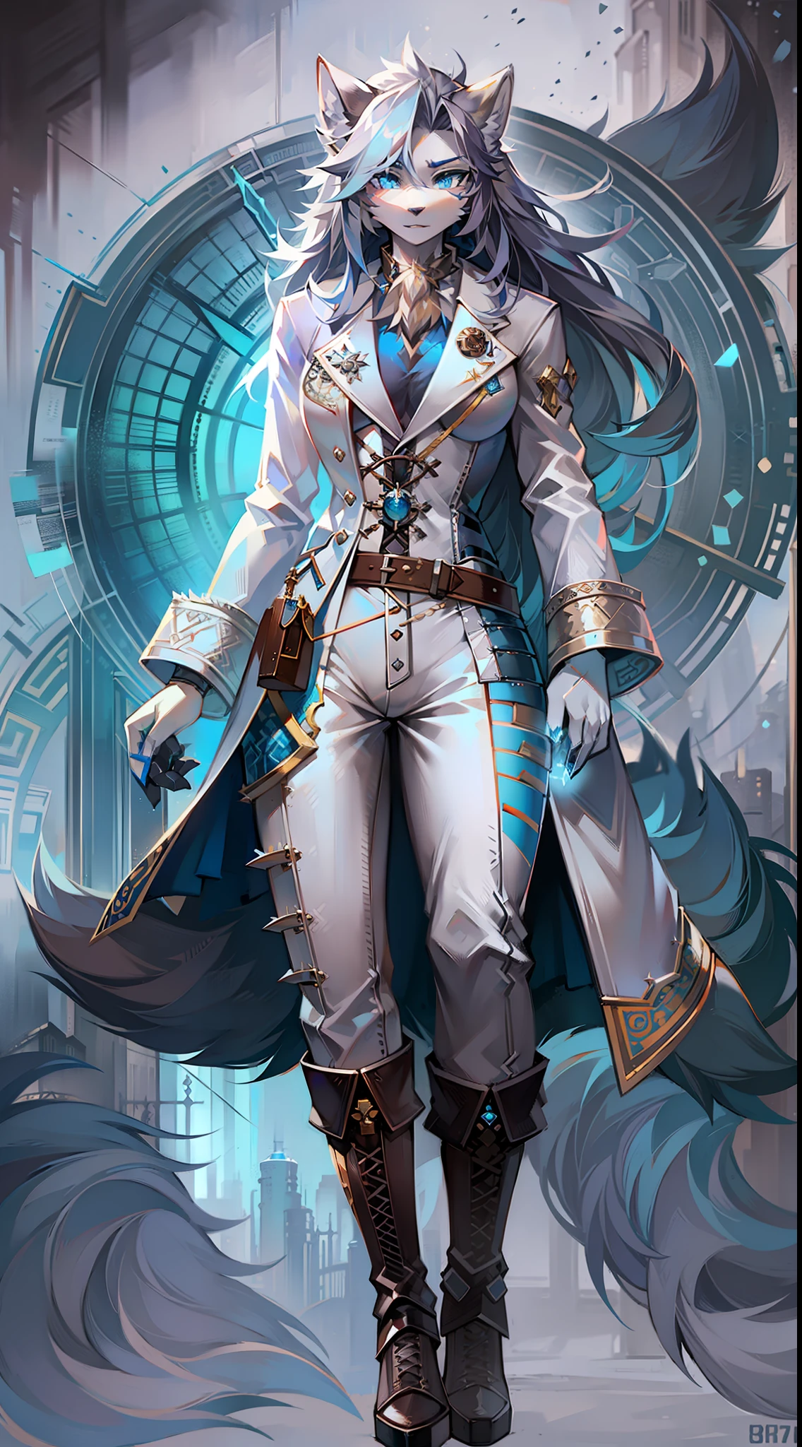 In steampunk style，Big-tailed wolf，blue color eyes，grey long hair，Modern white coat