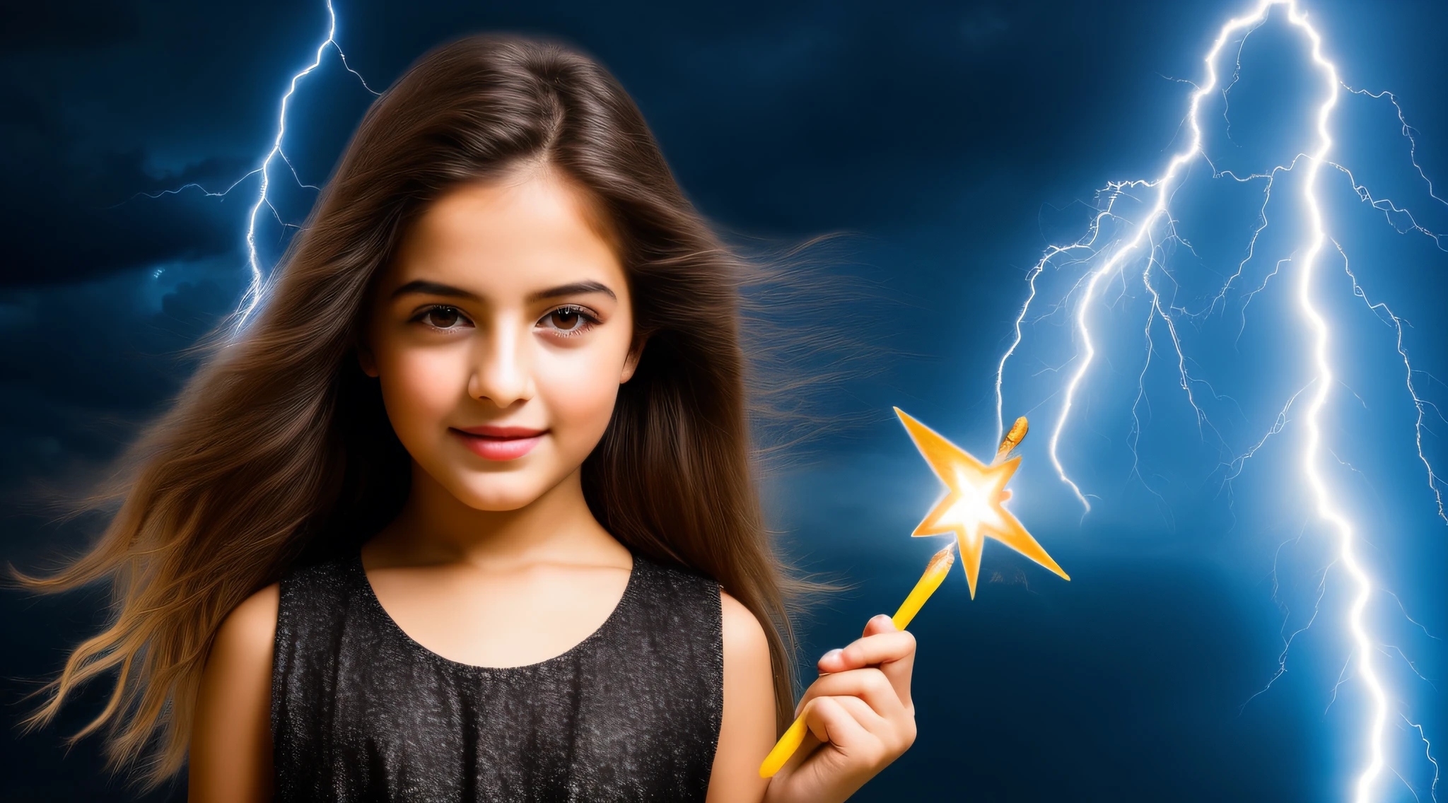 A closeup of a blonde child girl in a dress holding a crayon, with magical powers, she is attracting lightnings, splashes of lightning behind her, Professional studio lighting, lightning fantasy magic, magic lighting overlays, maya ali as a lightning mage, with lightning bolts, with lightning bolts, efeitos de raios, eletrizante, magic and lightning, lightnings