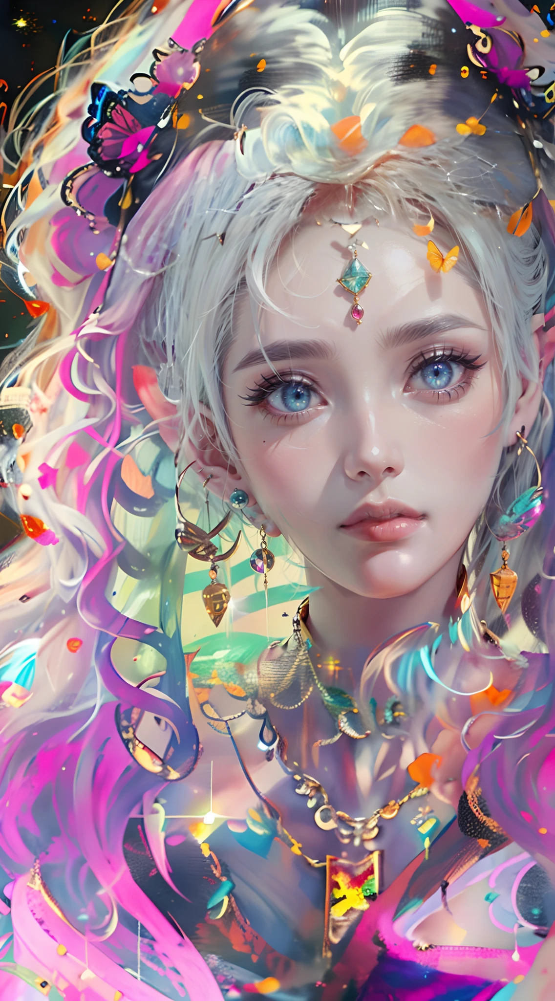 Striped hair, Rainbow hair, Curly hair, Long hair, Floating hair, widow peak, jewelry, hair adornments, forehead jewel, bead necklace, Moles under eyes, Heterochromia, long and pointed ears, anime big breast, romanticism lain, Gothic art, Impressionism, cubismo, Sparkle, Cinematic lighting, Close-up, hyper HD, Masterpiece, Textured skin, A high resolution, High details,Veil
