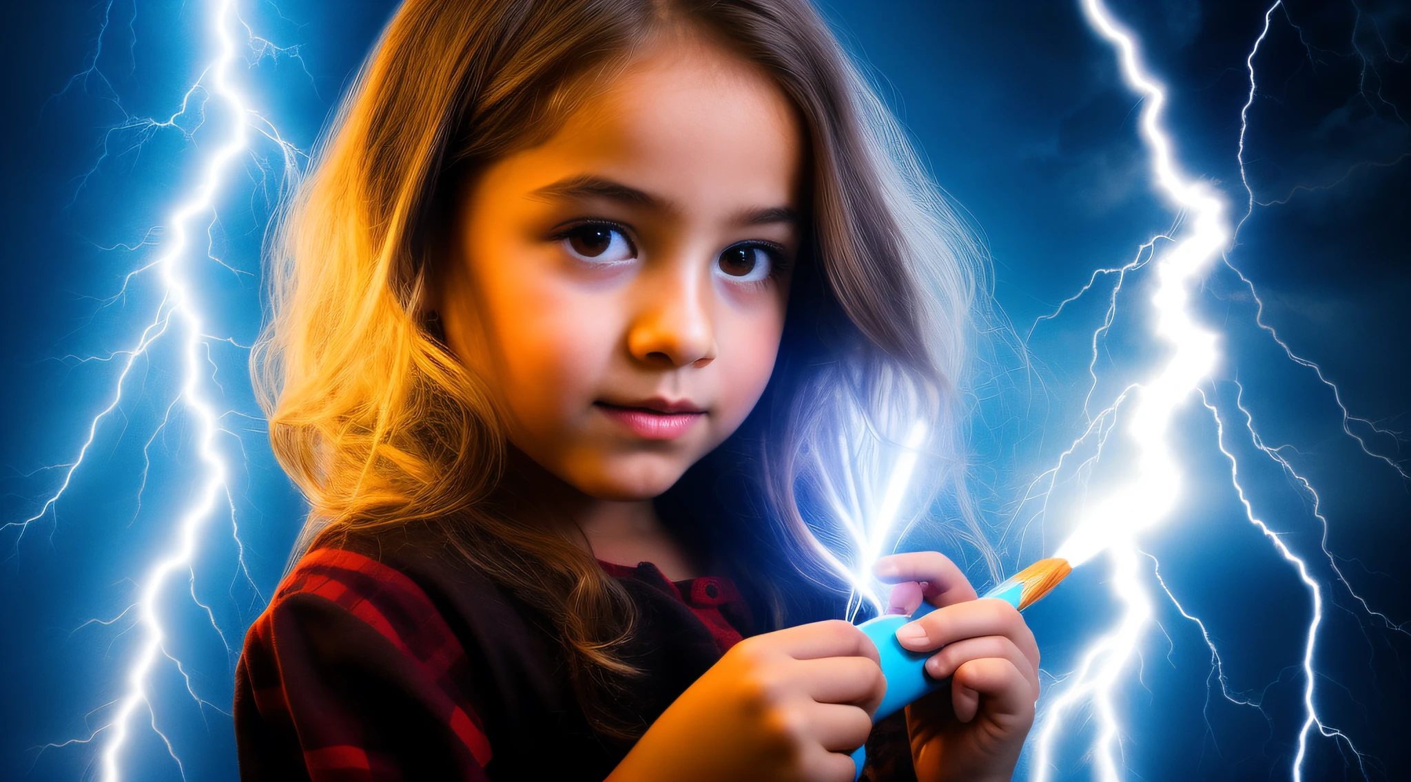 A closeup of a blonde girl in a dress holding a crayon, littl with magical powers, she is attracting lightnings, splashes of lightning behind her, Professional studio lighting, lightning fantasy magic, magic lighting overlays, maya ali as a lightning mage, with lightning bolts, with lightning bolts, efeitos de raios, eletrizante, magic and lightning, lightnings