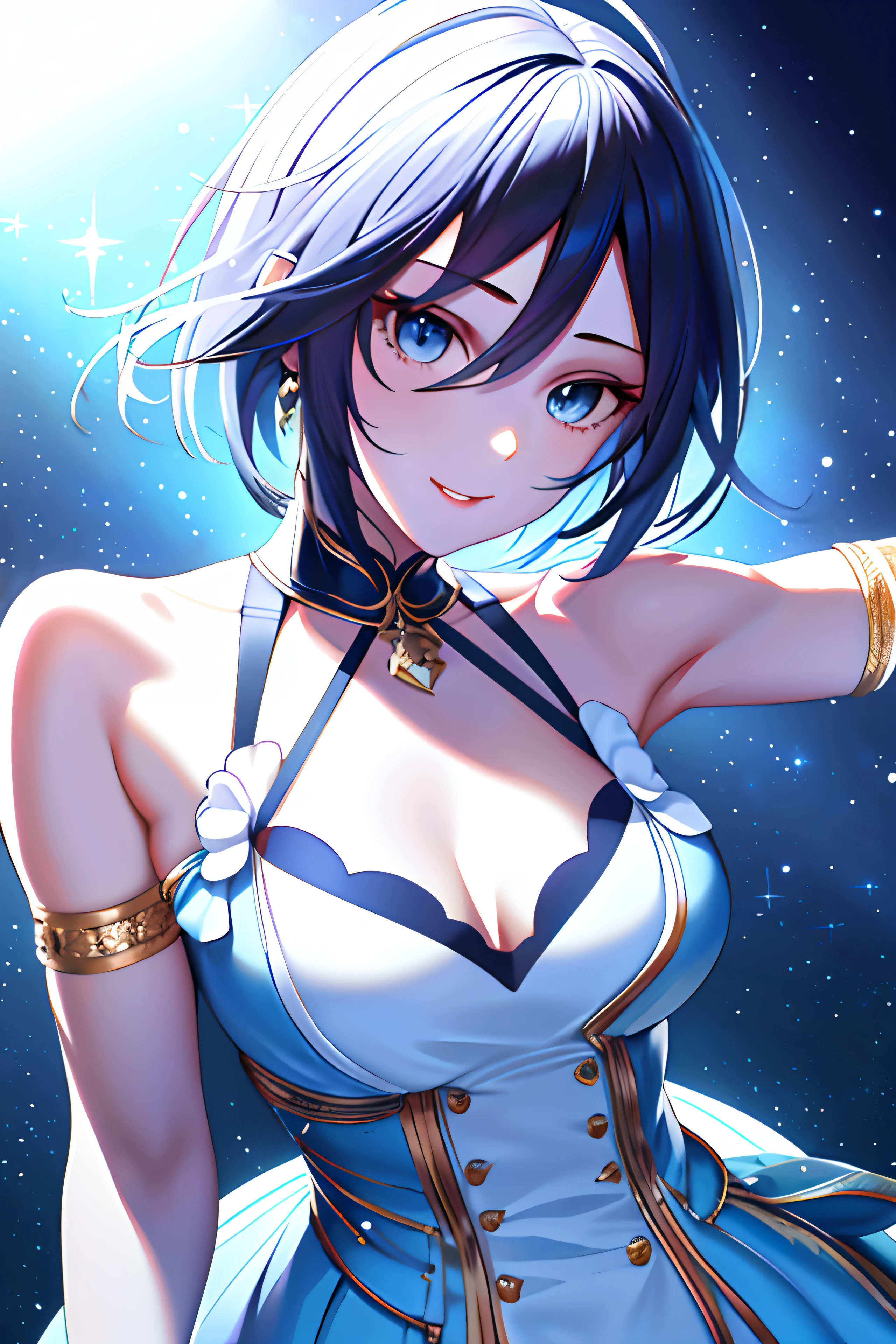 sfv,(Masterpiece:1,2), Best quality, Masterpiece, A high resolution, Original, extremelydetailedwallpaper, Perfect lighting,(Extremely detailed CG:1.2), best qualtiy, tmasterpiece, Original, extremelydetailedwallpaper,tmasterpiece, Best quality at best, A high resolution, 1girll, whaite hair, short detailed hair, eBlue eyes, mediuml breasts, shift dresses, hair adornments, ssmile, with her mouth open, holding a mic, hands out, stage,Face to camera,(Beautiful white skin:1.2),The light comes down from the upper right corner