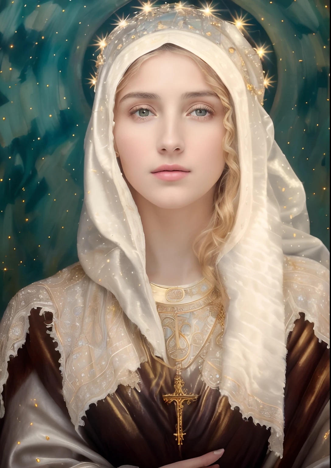 (((Saint Virgin Mary. 19 years old))) (((IMAGEN VINTAGE RETRO))) ((( Con una cara seria y piadosa. Con una mirada dulce y tierna))) (obra maestra, calidad superior, mejor calidad, arte oficial, beautiful and aesthetic: 1.2), (1girl), extremadamente detallado, (Arte fractal: 1.3), colorido, highest detailed, Cara perfecta, parte superior del cuerpo, HDR, (orando: 1.3), (golden lines of white coat: 1.2), galaxia, (rayas de luz), eye-catching visuals, (dynamic stripes, senderos luminosos: 1.2), colores vibrantes,