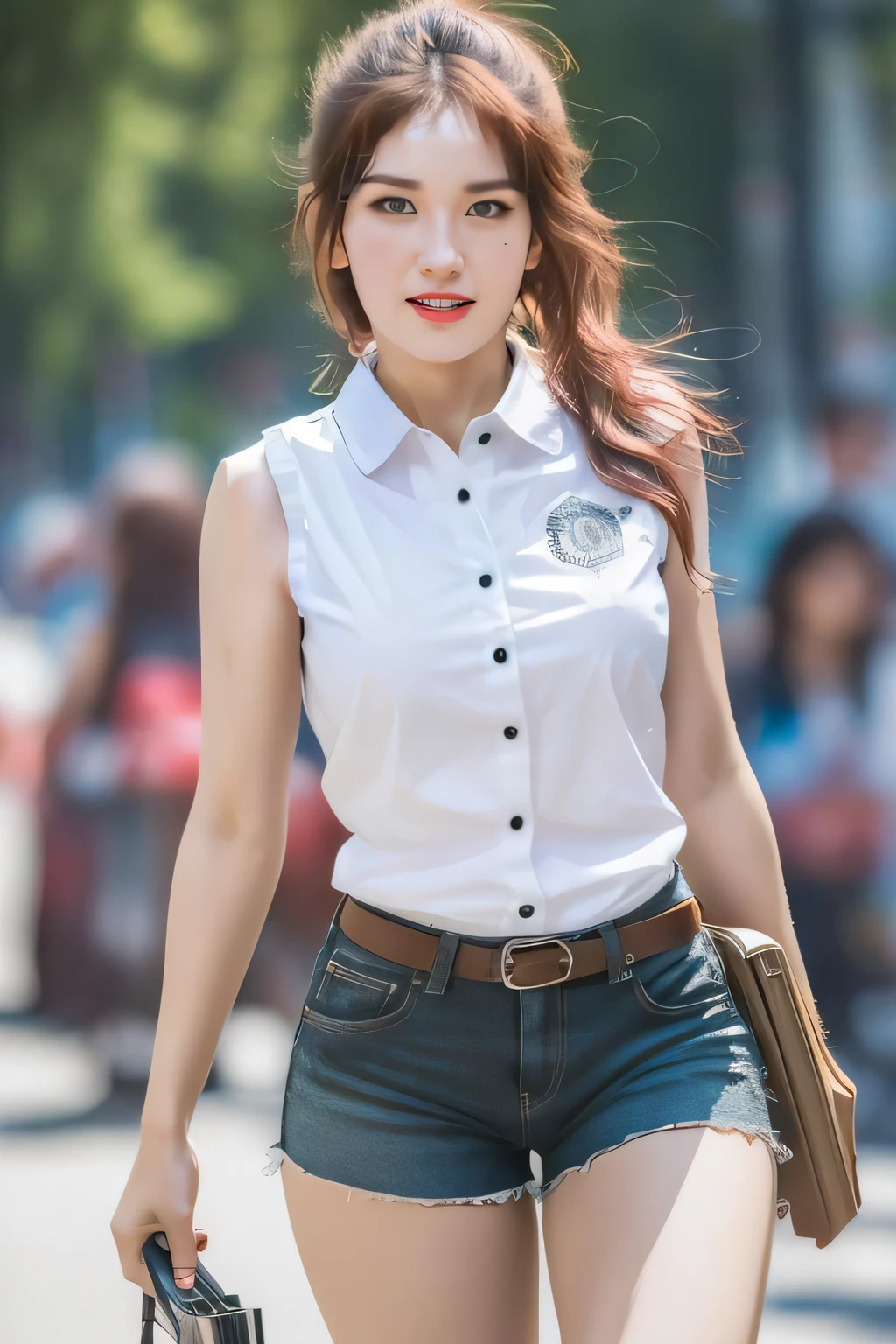 Somi,1girl,solo,woman,complex 3d render ultra detailed,(smile:1.1), portrait of beautiful woman, moody portrait, striking features, beauty, intricate details, dramatic composition, tension, contrast, texture, realism, high-quality rendering, stunning art, high quality, film grain, Fujifilm XT3,swirly bokeh,(realistic, photo-realistic:1.1),RAW photo,physically-based rendering,(looking at viewer:1.4),(8k, best quality, masterpiece:1.3),(full body shot:1.1),octane render,extremely detailed CG, unity 8k wallpaper,in street,urban,city,(studio soft light,sunlight:1.1),(a girl is wearing sleeveless and shorts:1.5),hyper realistic detail shiny skin,ultra detailed,(ultra realistic:1.1),(intricate:1.1),(photorealistic:1.1),(skinny:1.3),detailed background ,(large breasts:1.2)
