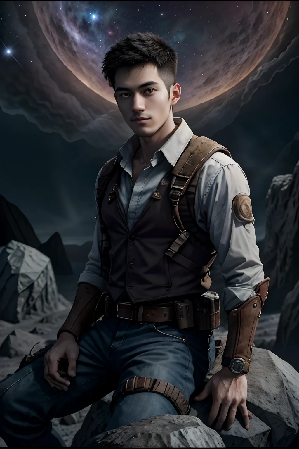 Draw a young programmer, sitting on a research platform floating in the middle of an asteroid belt. He is studying with a notebook, surrounded by several asteroids glowing with fiery auras. Dramatic lighting from distant stars and planets illuminates the scene, casting deep shadows on the suit. The young man looks confident and determined, looking at the vast and mysterious universe with wonder and respect,facial hair, cowboy shot,