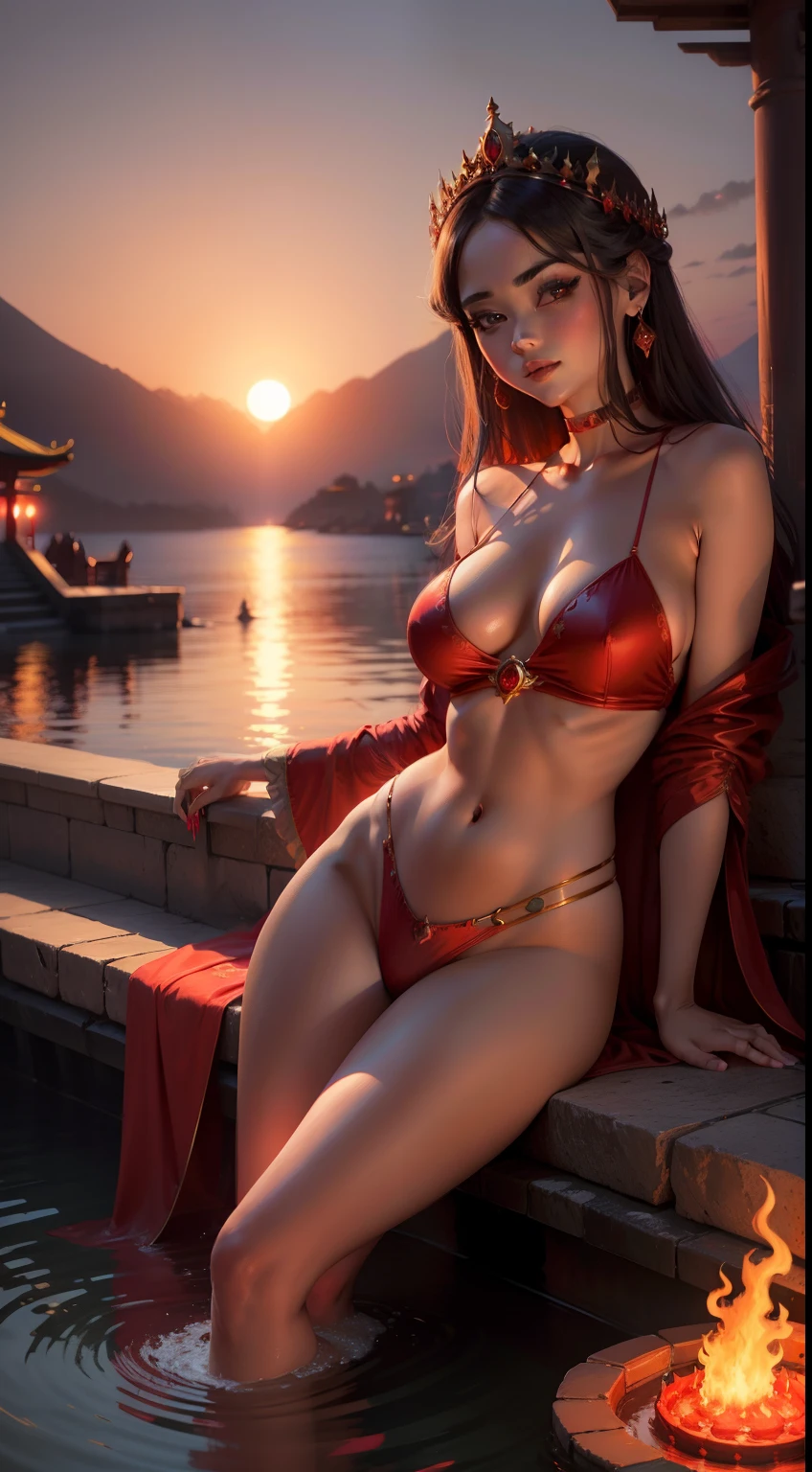 Princess Azurah, Evening, Sunset, view the viewer, cleavage, Red satin robe, clothed bathing, girl floating above the water, Palace, Temple, Fire, molten lava, red ilumination, Smug face (NSFW 1.1)