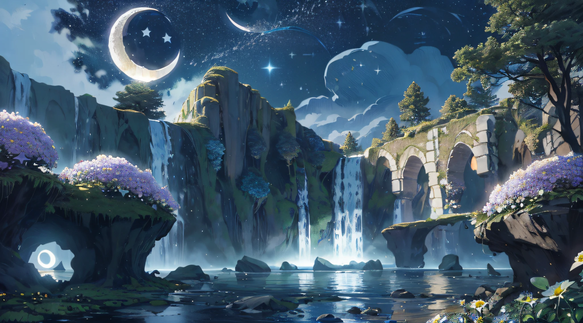 (masterpiece,best quality,highres,ultra_detailed:1.2), (1girl,solo:1.2), elf, long hair, white hair, BREAK (detailed_background),landscape,((night,moon,starry sky,milky_way:1.5)),dark,((flowers:1.6)), fantasy, light_particles,ruins:0.5, pond|river, stone forest|stone pillars, waterfall, cliff, sakura,floating