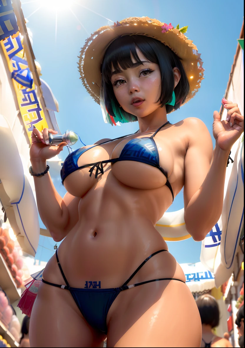 nsfw, (Masterpiece, BestQuality), (ultra detailed 8k cg), (High detail RAW color photo), (professional photograph), (photo realistic), depth of field, Lens Glow, Nikon D850, 45.75 megapixels,highest ISO setting of 25600 on a DSLR camera, small aperture size, (cowboy shot:1.1), (from below:1.3), (1 Beautiful Japan Woman 20 years old:1.5), supermodel, (high detailed cute face:1.6), (high detailed eyes:1.6), (big eyes:1.6), (light smile:1.4), (black hair:1.5), (bob cut:1.5), straw hat, (dark tan skin:1.2), (oily skin:1.3), (tanning lotion:1.4), (huge breasts:1.8), (erect nipples:1.5), (underboob:1.6), (Relaxed posture:1.4), (arms behind head:1.2), (micro bikini:2), (mini bikini:1.9), (sweat:1.2), high detailed background, (In Greece), (Bustling Greek market:1.9), (Colorful Shops:1.9), Enchanting Atmosphere, (Sunlit Ambiance:1.5), (Natural lighting:1.7), (magazine:1.1)