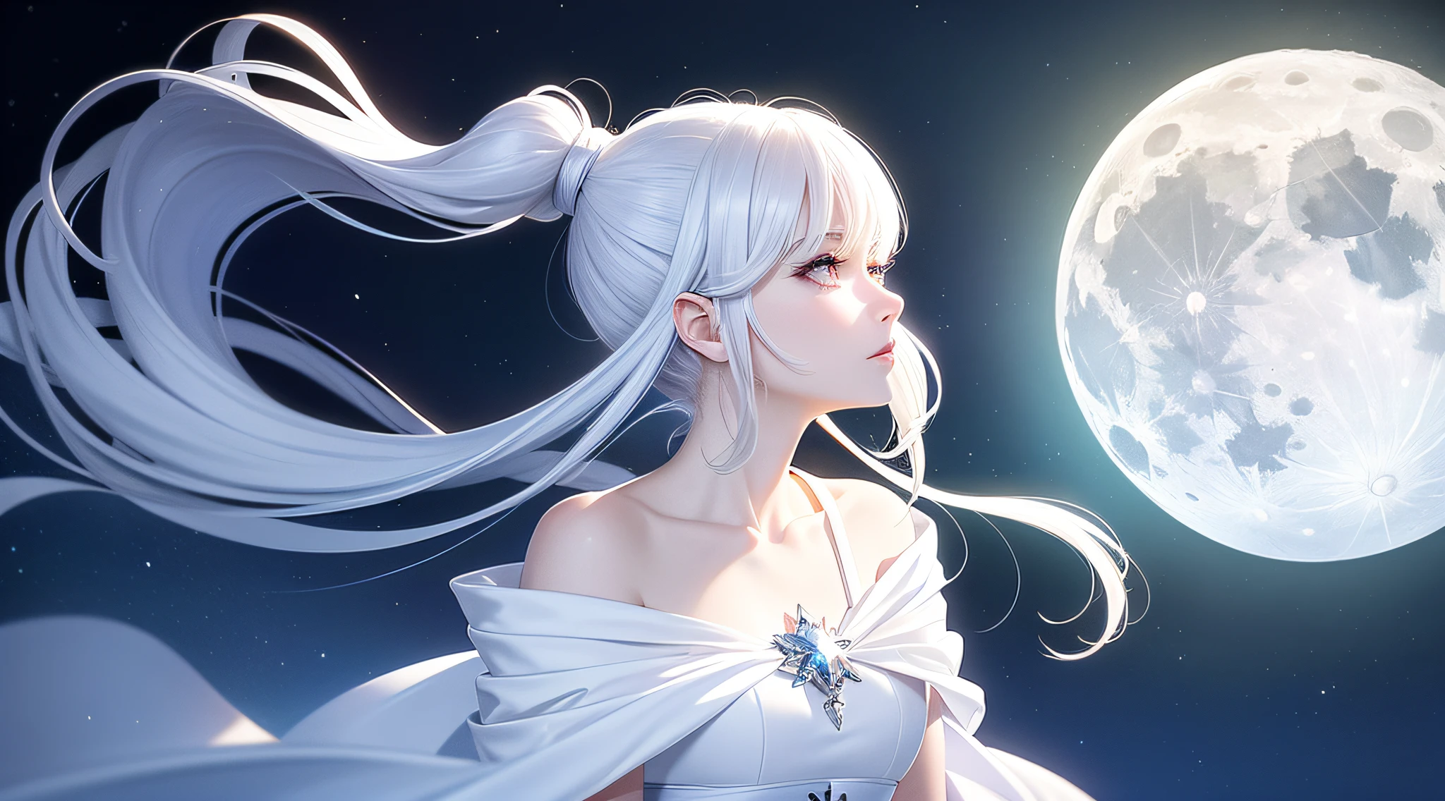 Masterpiece, (Best Quality: 1.2), (Super Fine: 1.2), Illustration, (Extremely Delicate and Beautiful: 1.2), Film Angle, Floating, (Beautiful Detail Eye: 1.1), (Detail Light: 1.1), Film Lights, Delicate Sky, Woman, White Hair, Blue Eyes, (High Ponytail: 1.1), Cloak, Glowing Eyes, (Moon: 1.2), (Moonlight: 1.1), Starry Sky, (Light Particles: 1.1), Fog , snow painting, sketching, blooming
