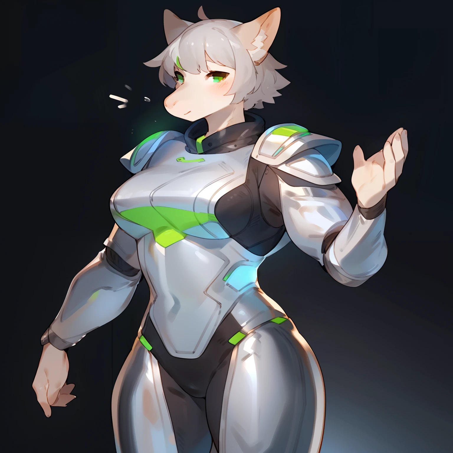 By bebebebebe, by spuydjeks, by buta99, by spikedmauler, solo, standing, female, ((hair, snout)), muscular, steel plate chest plate, metal shoulder pads, ((silver spacesuit under armor)), green accents