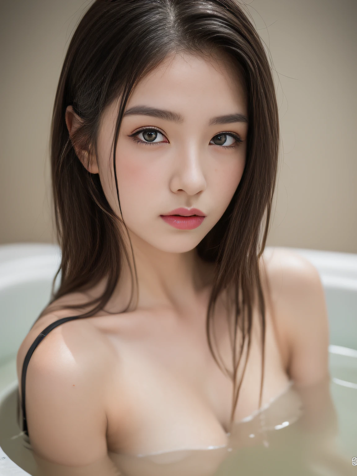 ((Best quality, 8k, Masterpiece :1.3)), 1girl, Pretty woman with emphasizing feminine abs :1.3, Huge breasts :1.2, (Bathtub, Wet outfit :1.1), Ultra-detailed face, Highly detailed lips, Detailed eyes, Double eyelid
