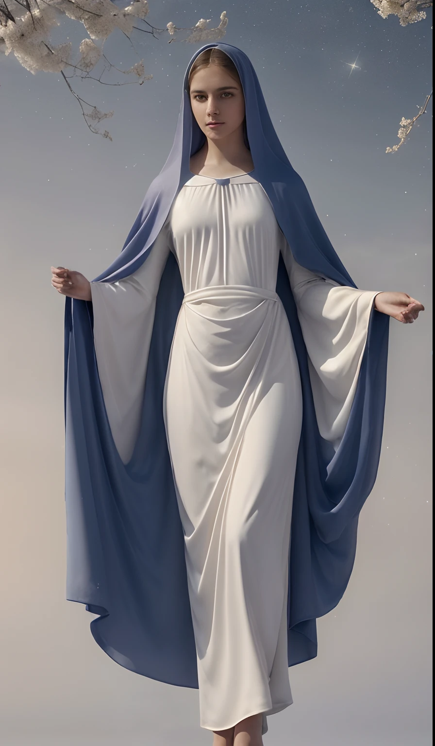(((Saint Virgin Mary. 19 years old))) (((IMAGEN VINTAGE RETRO))) ((( Con una cara seria y piadosa. Con una mirada dulce y tierna))) (obra maestra, calidad superior, mejor calidad, arte oficial, beautiful and aesthetic: 1.2), (1girl), extremadamente detallado, (Arte fractal: 1.3), colorido, highest detailed, Cara perfecta, parte superior del cuerpo, HDR, (orando: 1.3), (golden lines of white coat: 1.2), galaxia, (rayas de luz), eye-catching visuals, (dynamic stripes, senderos luminosos: 1.2), colores vibrantes,