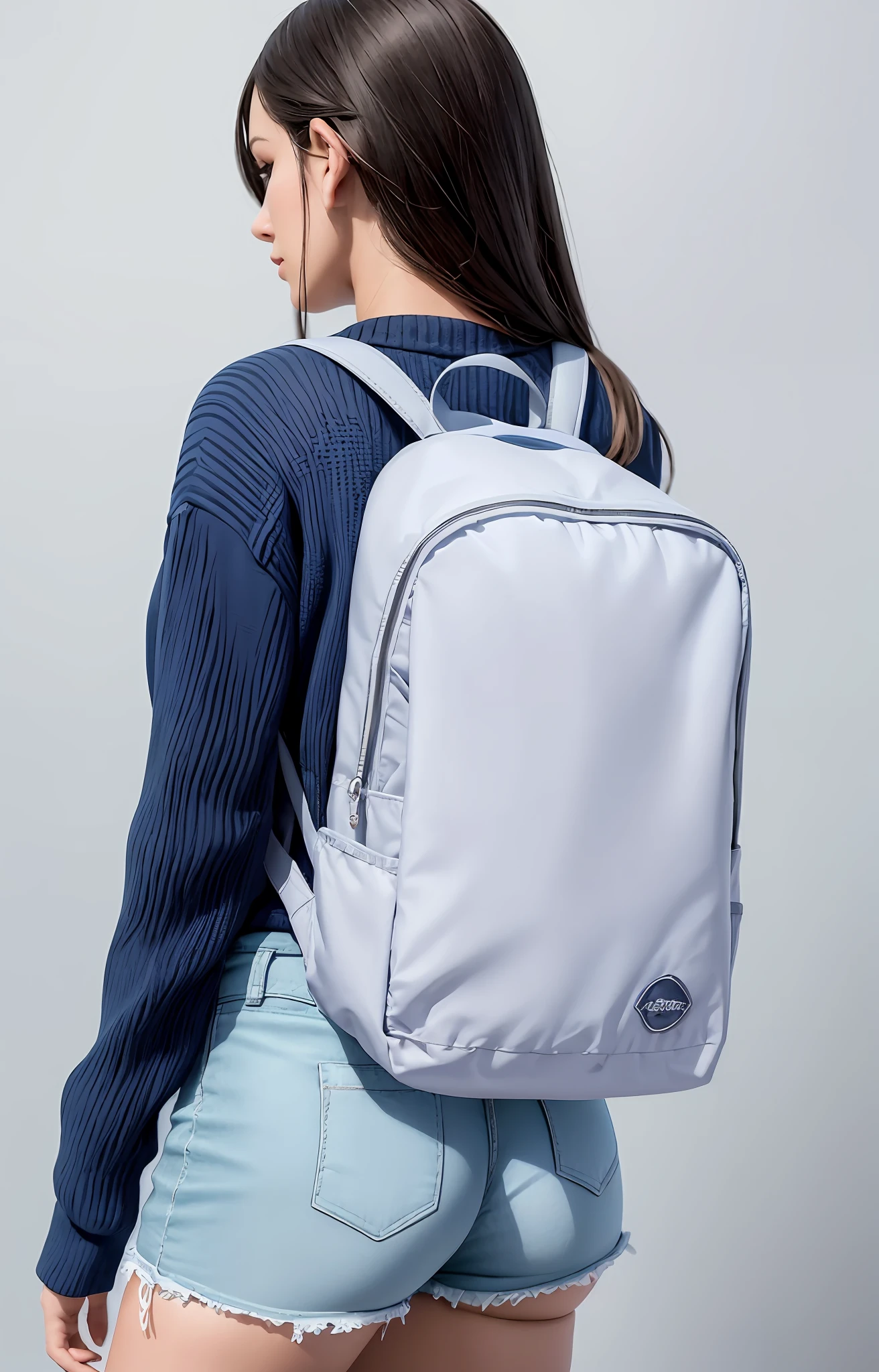 A beautiful woman in shorts and blue sweater is carrying a backpack, shorts nylon, shorts esportivo, derriere acentuado, Back from Toned, Propriedade tonificada, uma mochila, mochila, com uma mochila, mochila disco de controle remoto, Cool tonalizado, accentuated booty, acentos iridescentes brilhantes, com dois bolsos frontais, Metal refletivo, Foto do produto, ao entardecer!, Toneladas perolados |, Noite ao entardecer, Metal refletivo, vivid detail, dusk setting, perolado